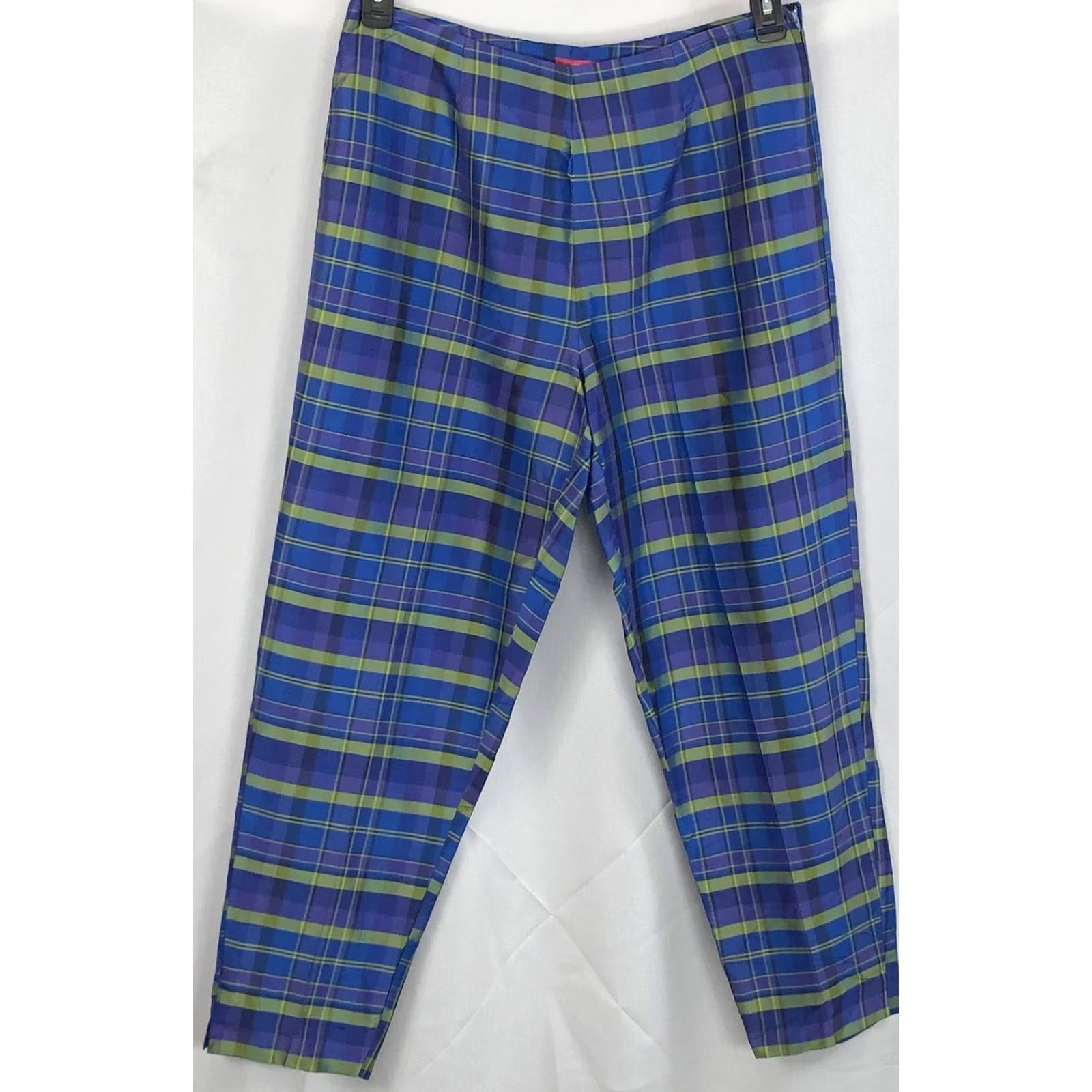 Vintage Sunny Leigh Pants Womens 12 Blue Silk Cropped Plaid Tapered Preppy Academia Size 34" / US 12 / IT 48 - 4 Thumbnail