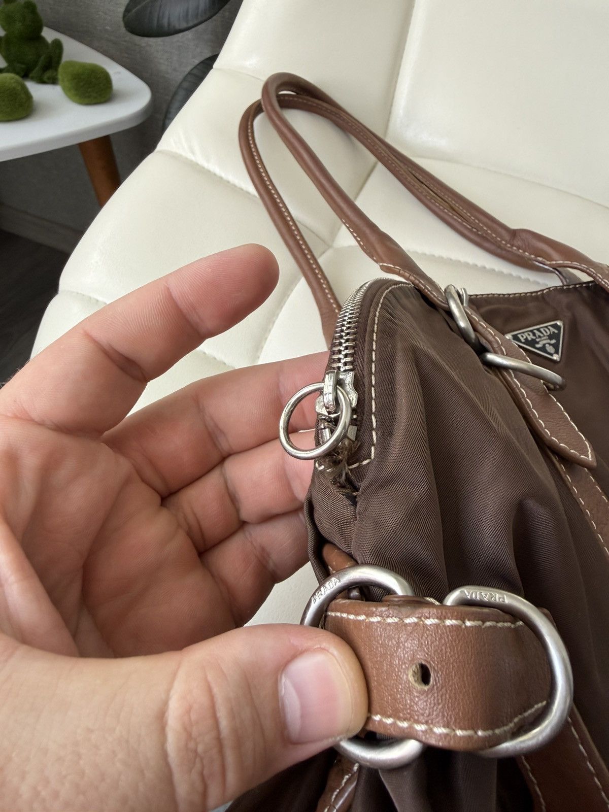 Prada Vintage 00s Prada Triangle Logo Nylon & Leather Brown Bag Size ONE SIZE - 13 Thumbnail