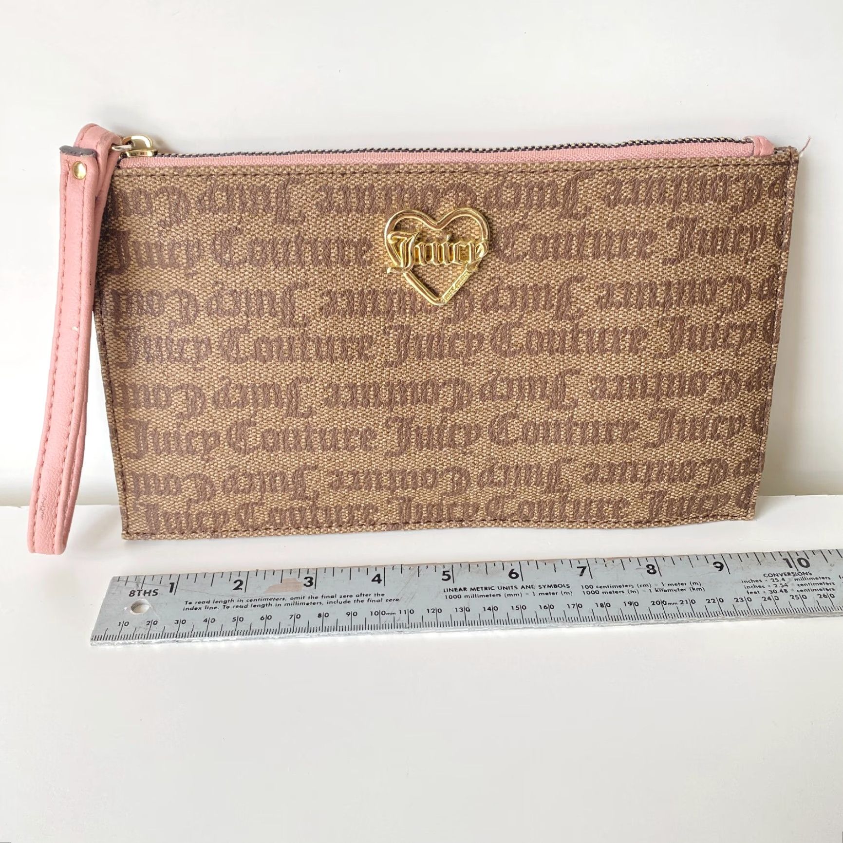 Juicy Couture VINTAGE Juicy Couture Wallet Clutch Zip-Around Brown Pink All Over Print Gold Heart Womens 90s Y2K Logo City Size ONE SIZE - 6 Thumbnail