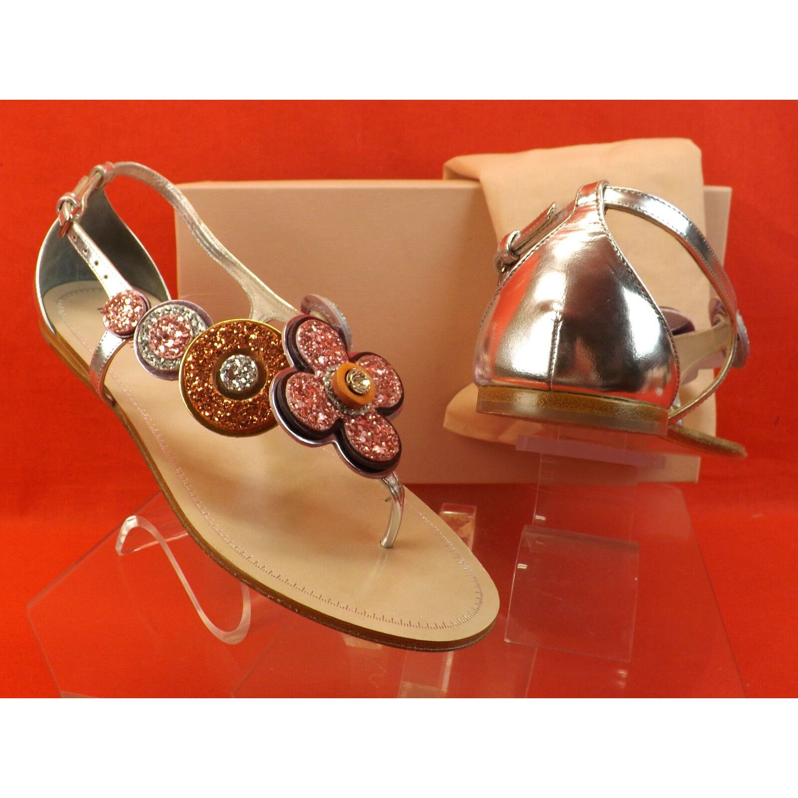 Miu Miu SILVER LEATHER GLITTER FLOWERS THONG FLATS SANDALS 39.5 Size US 9.5 / IT 39.5 - 5 Thumbnail