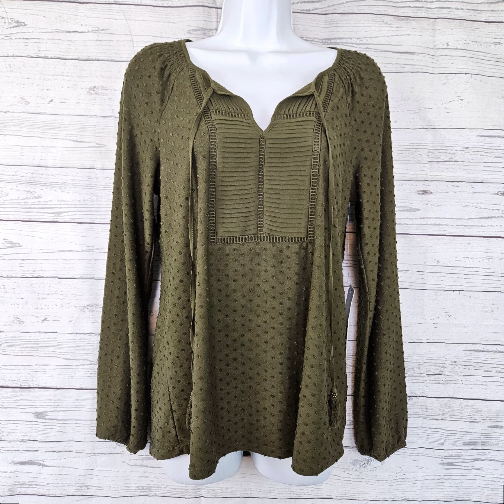 Olive Daniel Rainn Womens Top Sz S Olive Green Long Sleeve Swiss Dot Pleated Blouse Mens Womens Size S / US 4 / IT 40 - 2 Thumbnail