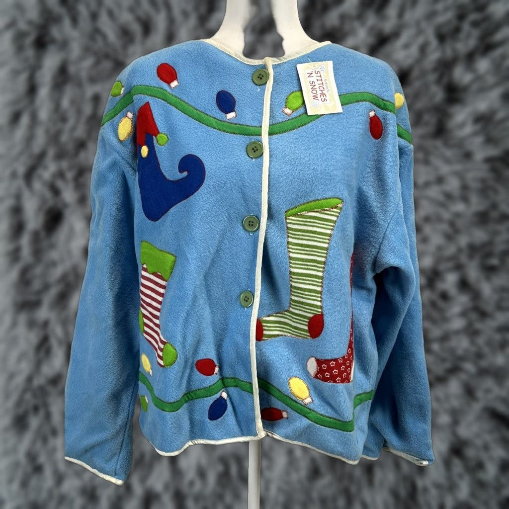 Vintage Vintage Kirklands Home Jacket One Size Womens 90’s Xmas Grandma Fleece Blue Blue? Size ONE SIZE - 1 Thumbnail