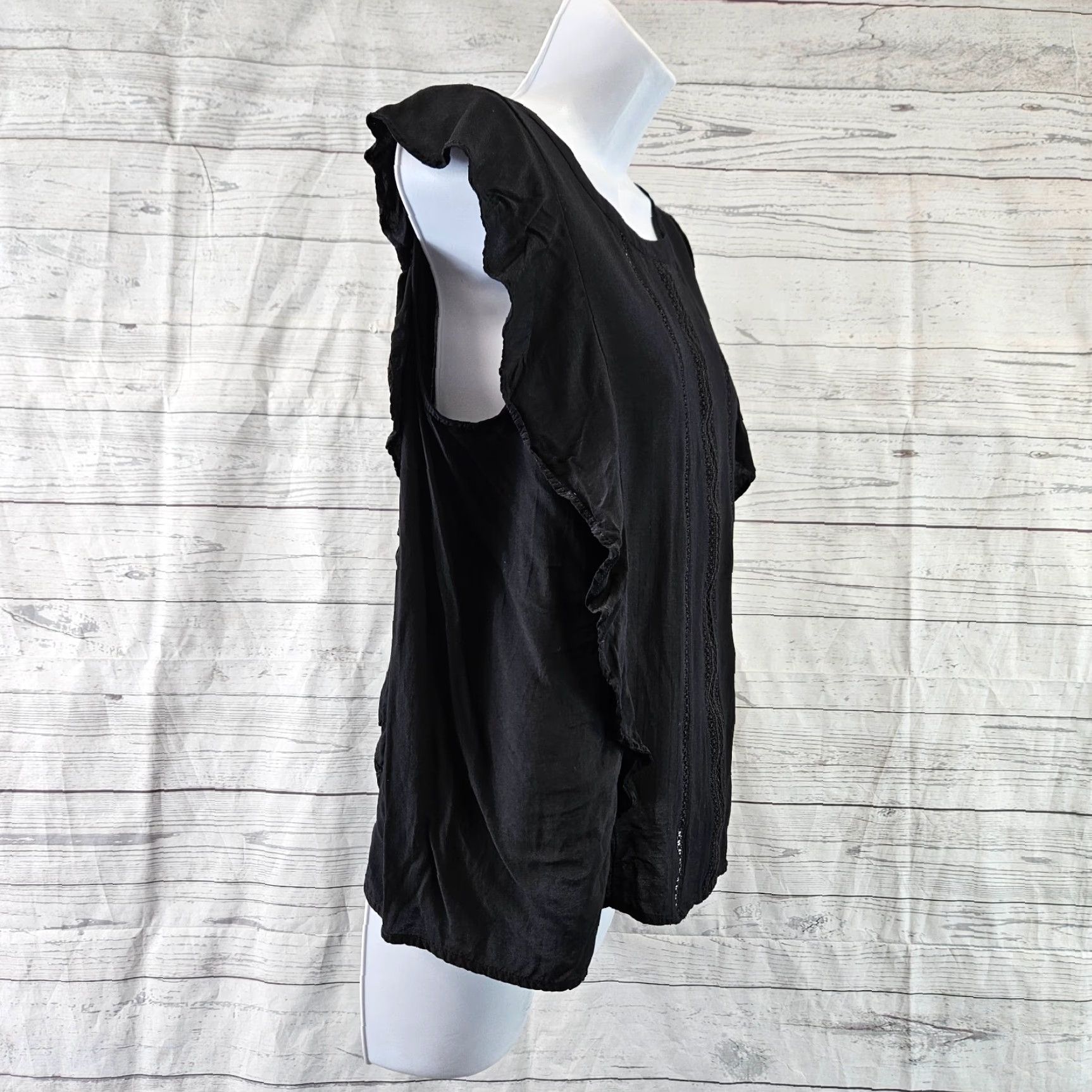 Ann Taylor Ann Taylor LOFT Womens Blouse Sz M Solid Black Round Neck Rayon Ruffle Size M / US 6-8 / IT 42-44 - 3 Thumbnail