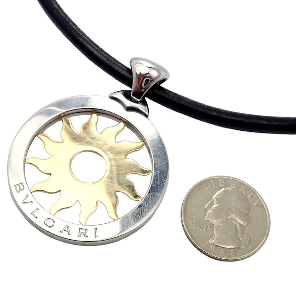 Tondo Sun 18k Gold Steel Large Pendant Leather Cord Necklace