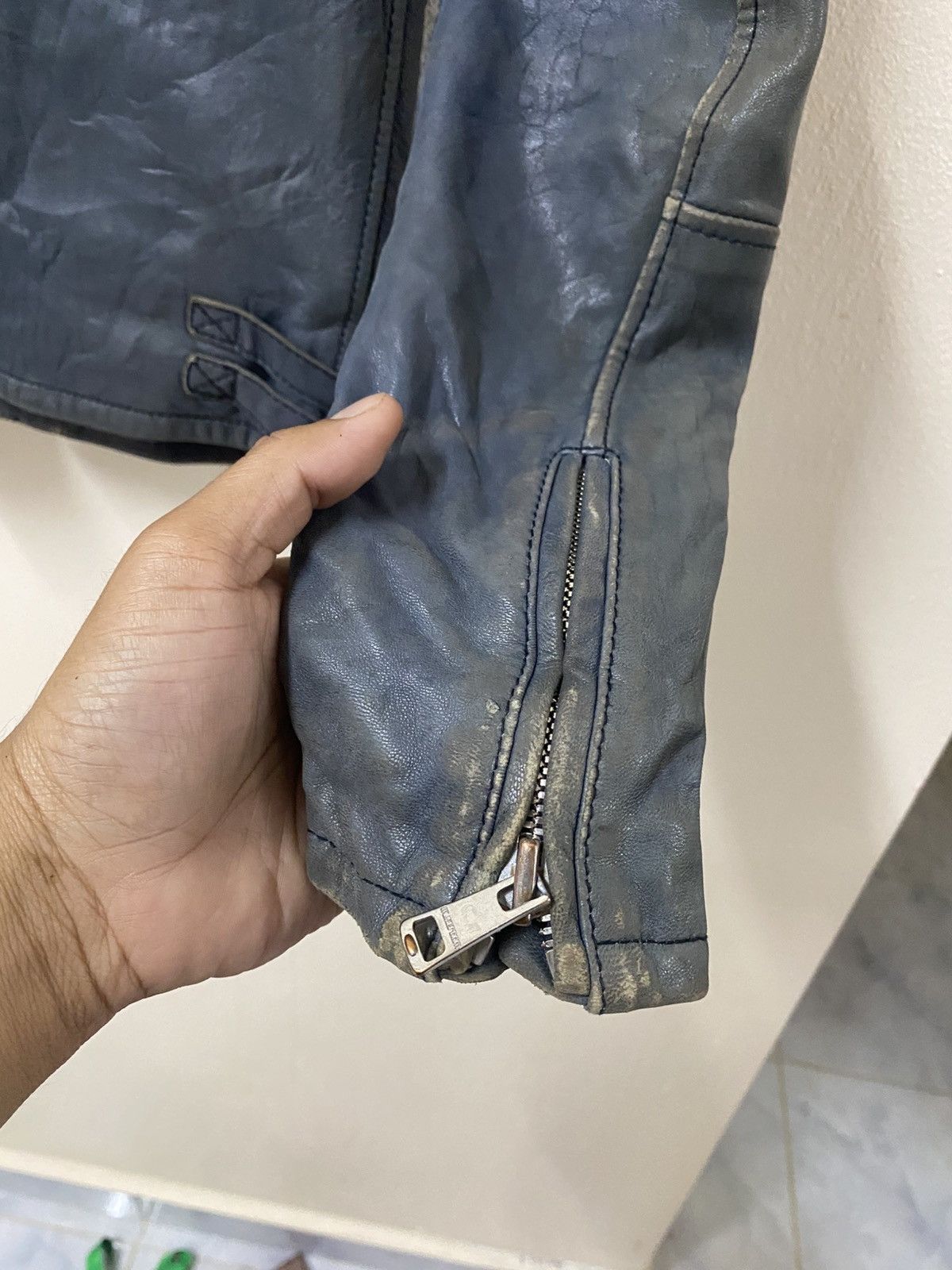 Vintage MuseRoom Blue Leather Biker Jacket Distressed Moto Style Size US S / EU 44-46 / 1 - 9 Thumbnail