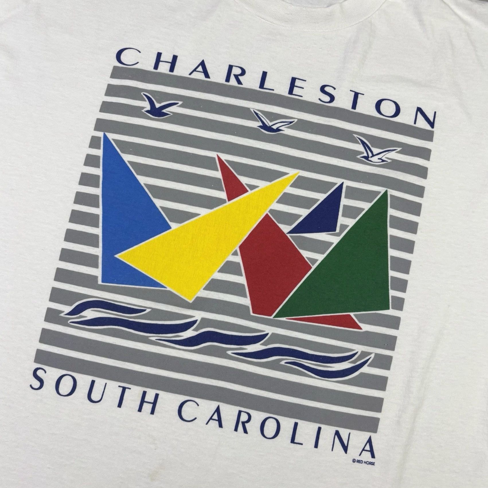 Hanes VINTAGE Charleston North Carolina Sailing Art T Shirt White Single Stitch sz 2XL Size US XXL / EU 58 / 5 - 6 Thumbnail