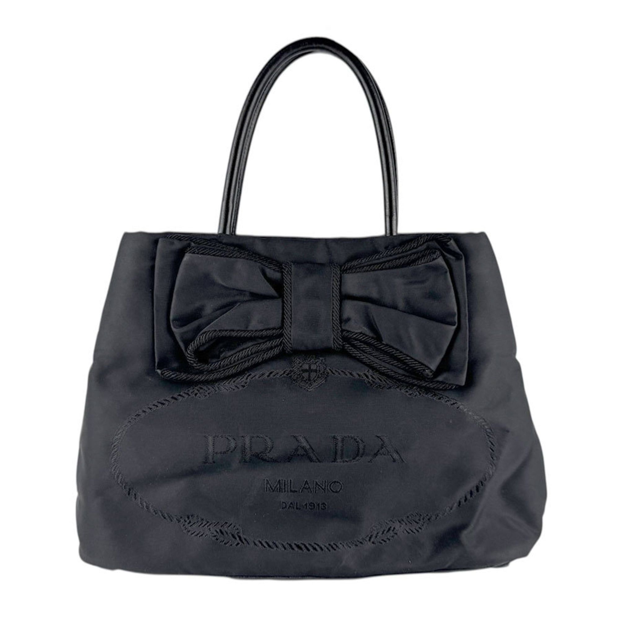 Prada Handbag Shoulder Bag Ribbon Nylon/Leather Black Gold Women's z8201