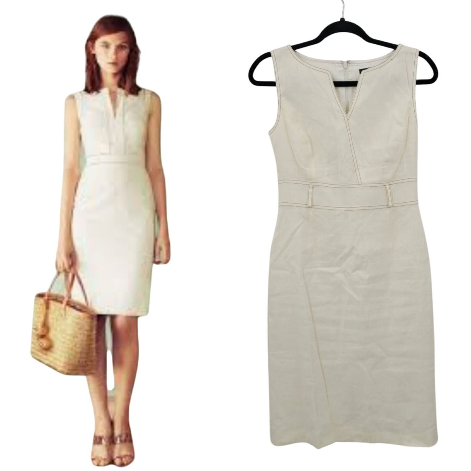 Designer Antonio Melani Ivory Sleeveless Sheath Dress Sz 2 Linen Knee Size XS / US 0-2 / IT 36-38 - 2 Thumbnail