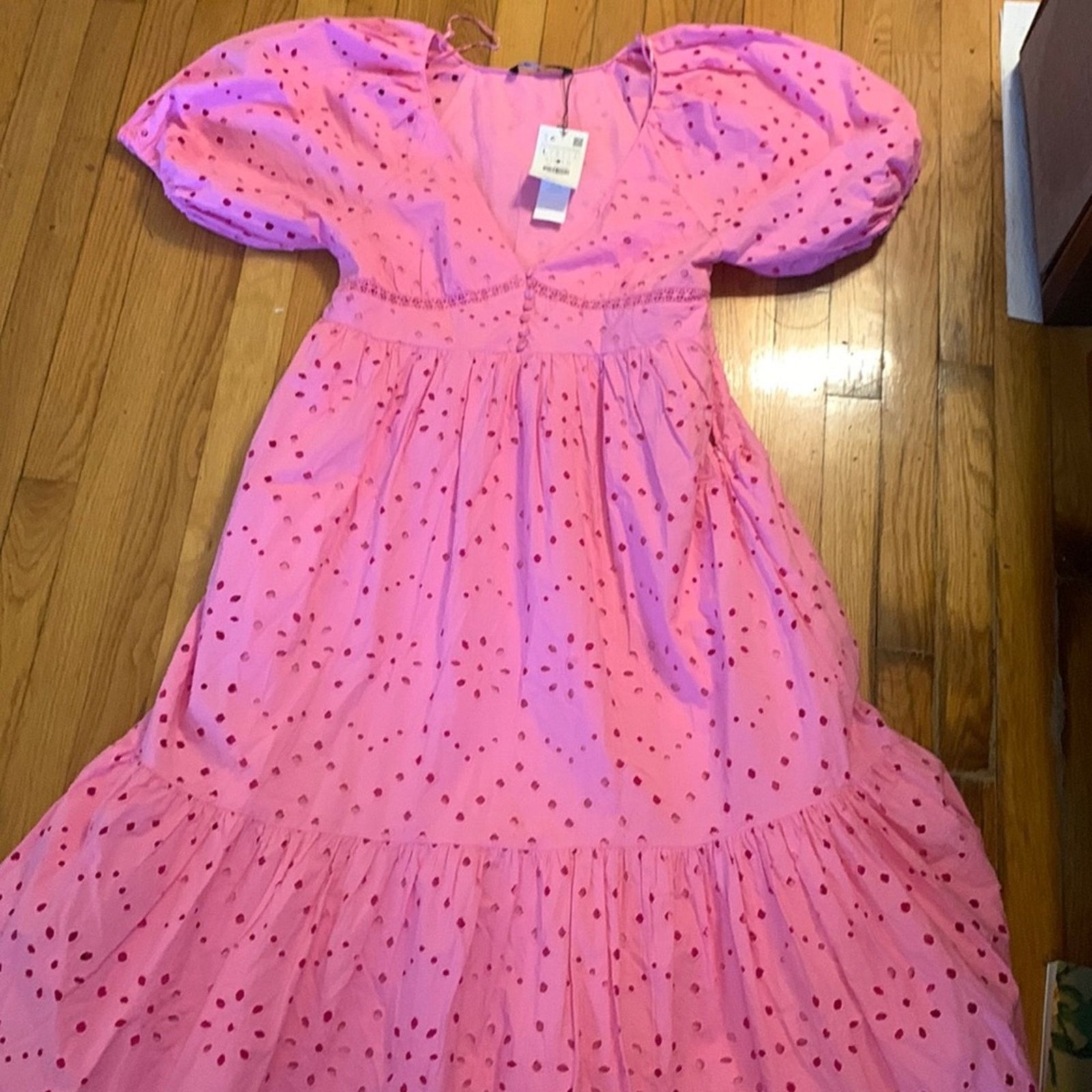 Zara BNWT Zara pink puff sleeve cotton eyelet dress Size L / US 10 / IT 46 - 3 Thumbnail