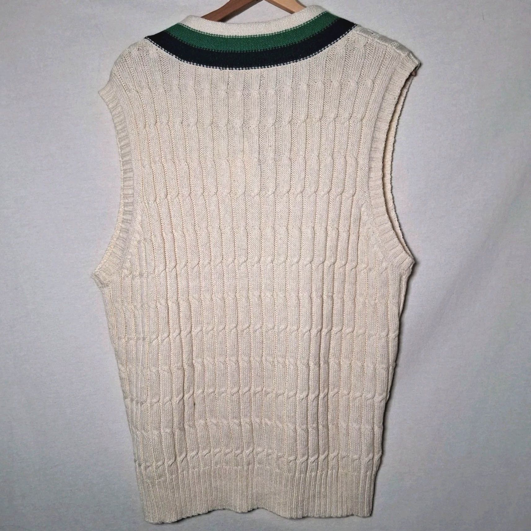 Lands' End Lands' End Sweater Vest Men L V-Neck Cable Knit Ivory Academia Preppy Linen Blend Vest, Nautical, OLD MONEY, Regular Fit, Cotton/Linen, Ivory, Mens Size US L / EU 52-54 / 3 - 3 Thumbnail
