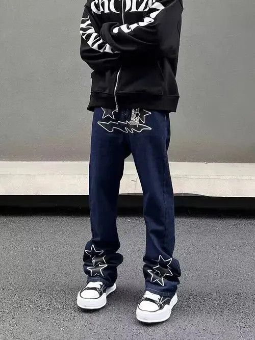 Japanese Brand High street star embroidered micro-flare straight jeans Size US 32 / EU 48 - 3 Thumbnail