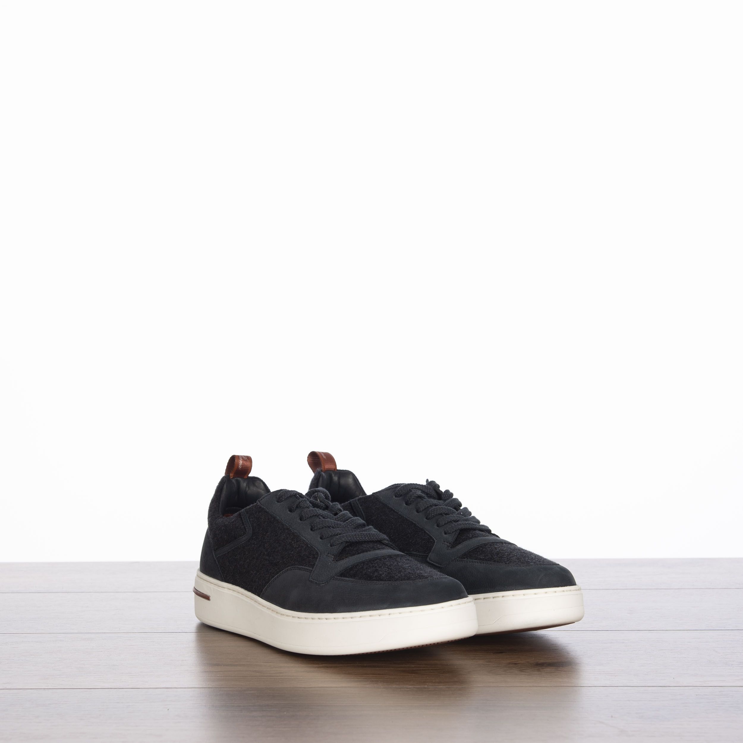 image of Loro Piana Newport Walk Low Top Sneakers In Charcoal Cashmere & Nubuck in Black/Grey Melange (Size 