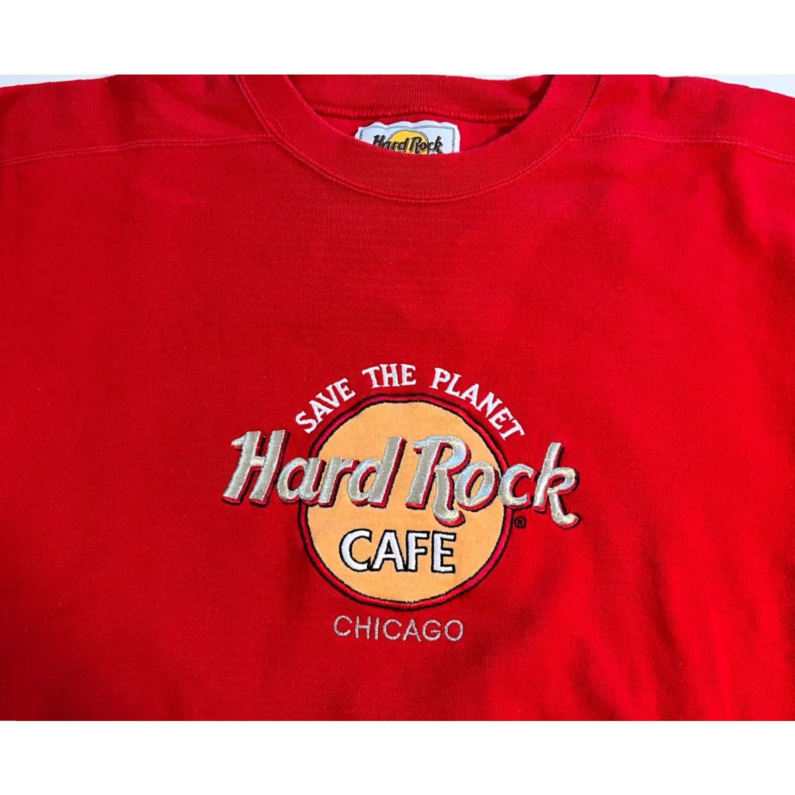 Hard Rock Cafe VINTAGE Hard Rock Cafe Chicago Save the Planet Crew Sweatshirt Unisex Adults XL Red USA 90s Embroidered Heavyweight Cotton Blend Fleece Sweatshirt Size US XL / EU 56 / 4 - 4 Thumbnail