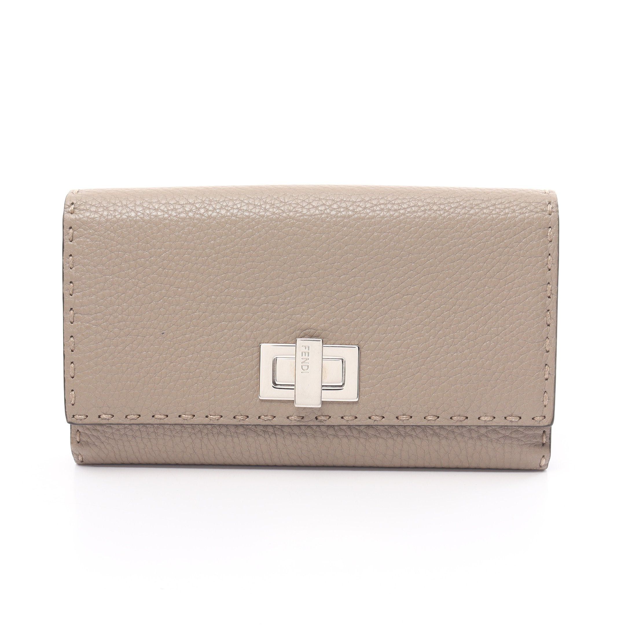 image of Fendi Peekaboo Selleria Bi-Fold Long Wallet W Hook Wallet Leather Gray Beige, Women's