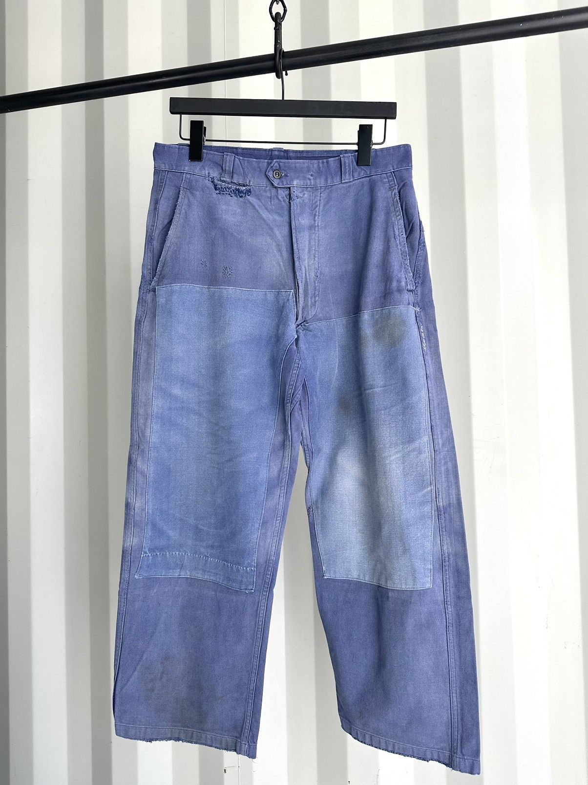 Image of Vintage French Moleskin Chore Pants Workwear Distressed Sun Faded in Blue, Men's (Size 31)