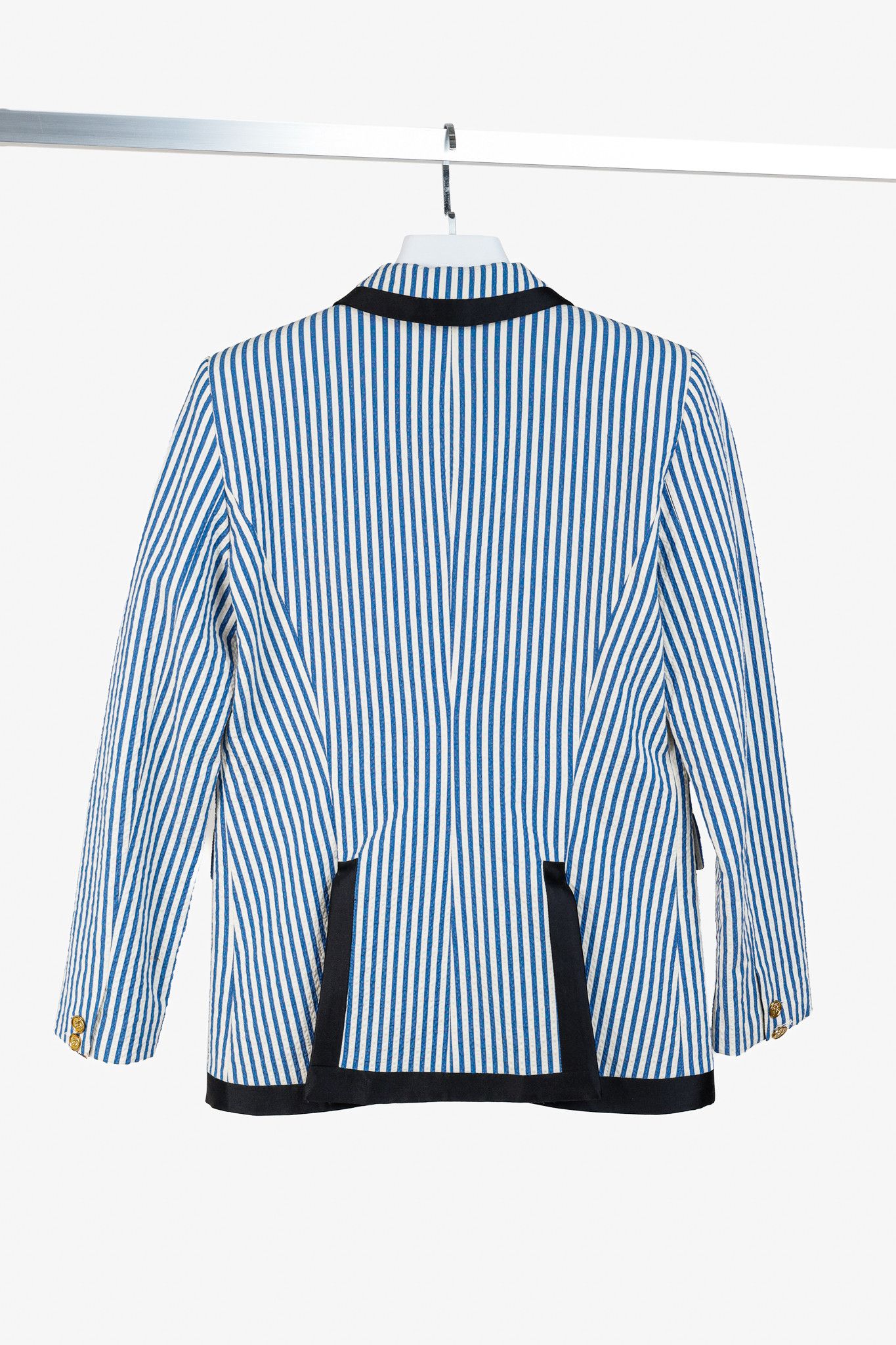 SMYTHE Smythe Blue Seersucker Striped Taped Peak Lapel Blazer Size M / US 6-8 / IT 42-44 - 2 Thumbnail