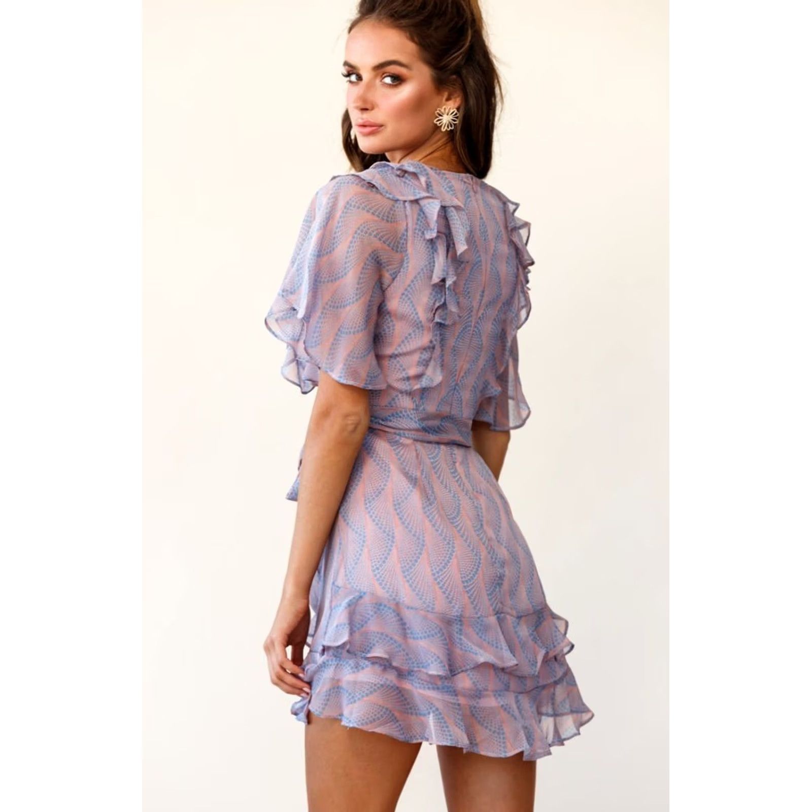 Vintage Saints + Secrets Tie Front Short Sleeve Ruffle Mini Dress Rose / Blue Women's S New Size 28" / US 6 / IT 42 - 2 Thumbnail