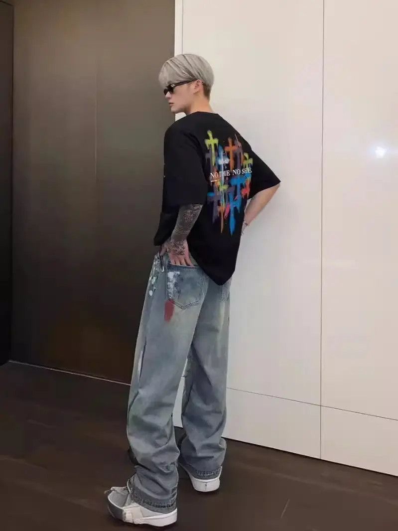 Japanese Brand Wide leg straight leg ripped jeans Size US 32 / EU 48 - 4 Thumbnail