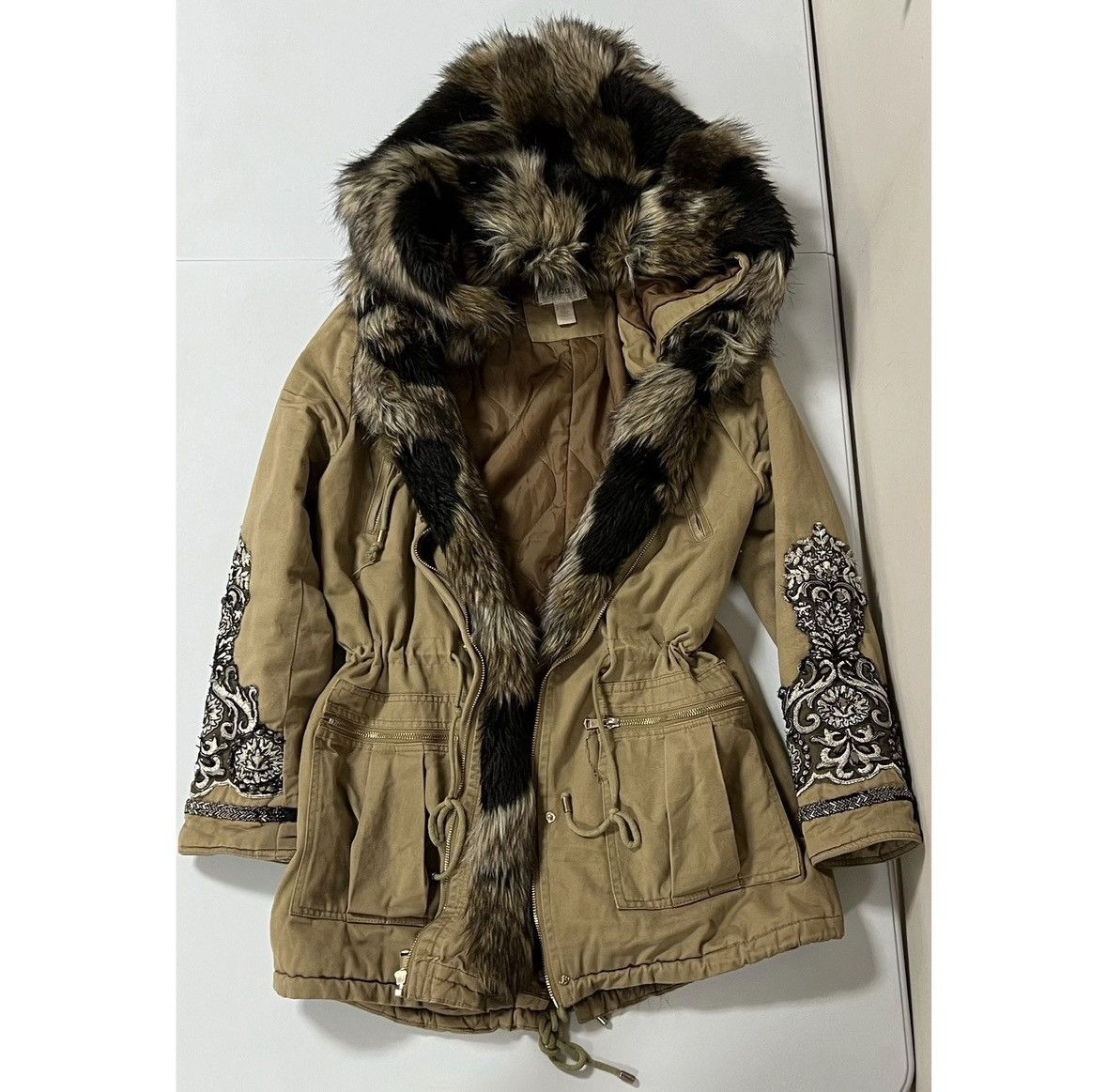 Chicos Chicos Tan Brown Fur Y2K Embroidered Jacket Coat Size 1 🤎✨ Size XS / US 0-2 / IT 36-38 - 1 Thumbnail