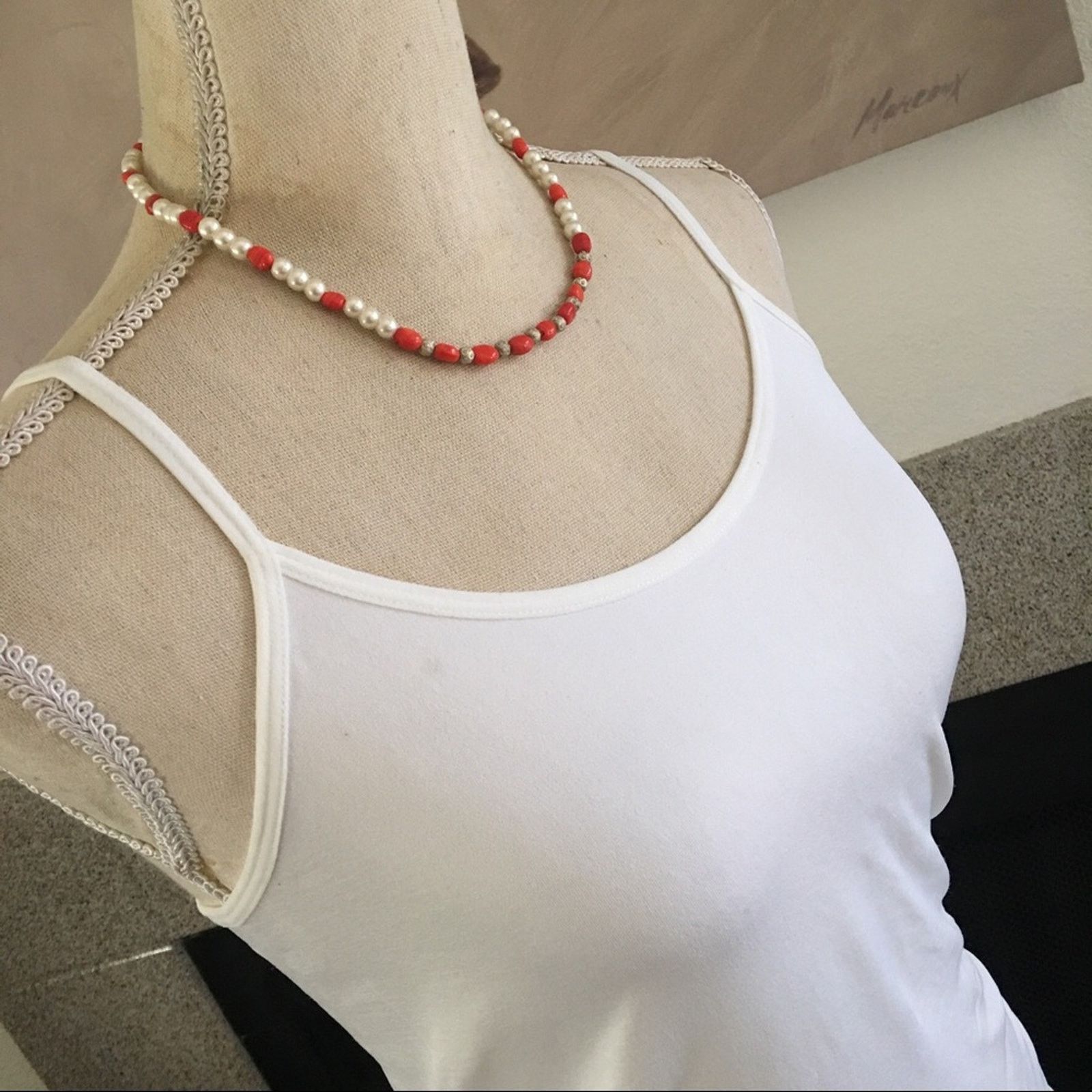 Vintage Vintage handcrafted pearl and carnelian choker necklace Size ONE SIZE - 2 Thumbnail