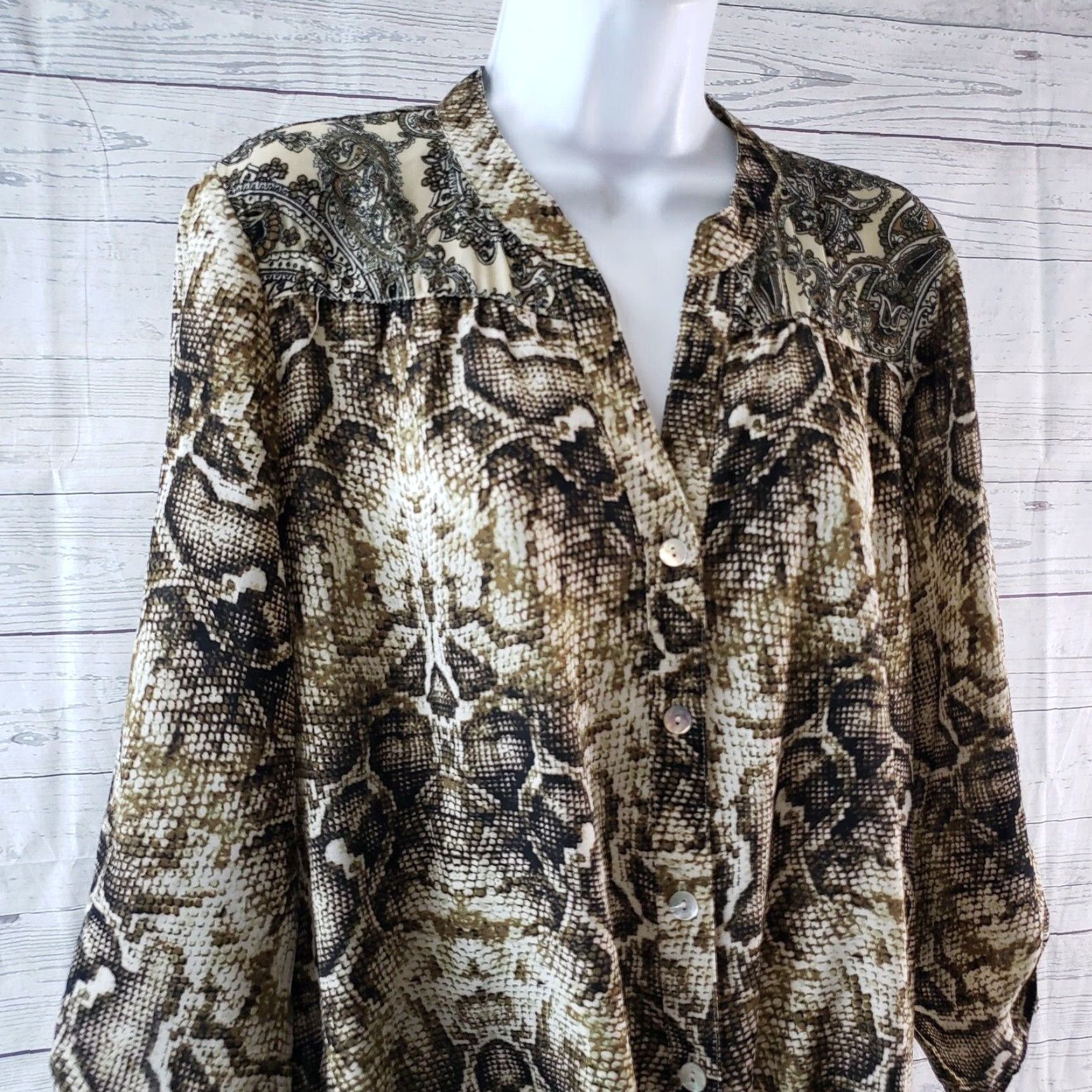 Vintage Fig & Flower Womens Button Front Shirt Large Black Brown Animal Print Paisley Size L / US 10 / IT 46 - 2 Thumbnail