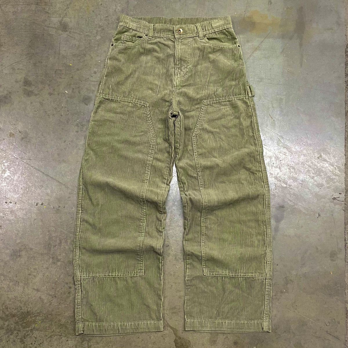 Y2K Wide Leg Double Knee Corduroy Pants Olive Green