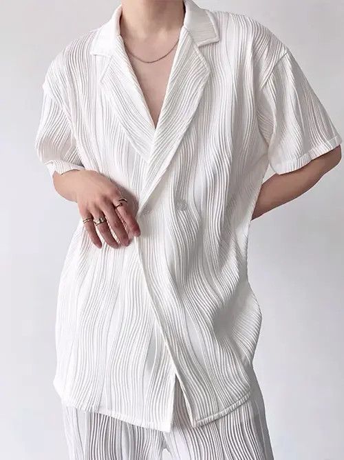 Japanese Brand Korean fashion white wave pleats short sleeve shirt jacket Size US M / EU 48-50 / 2 - 7 Thumbnail