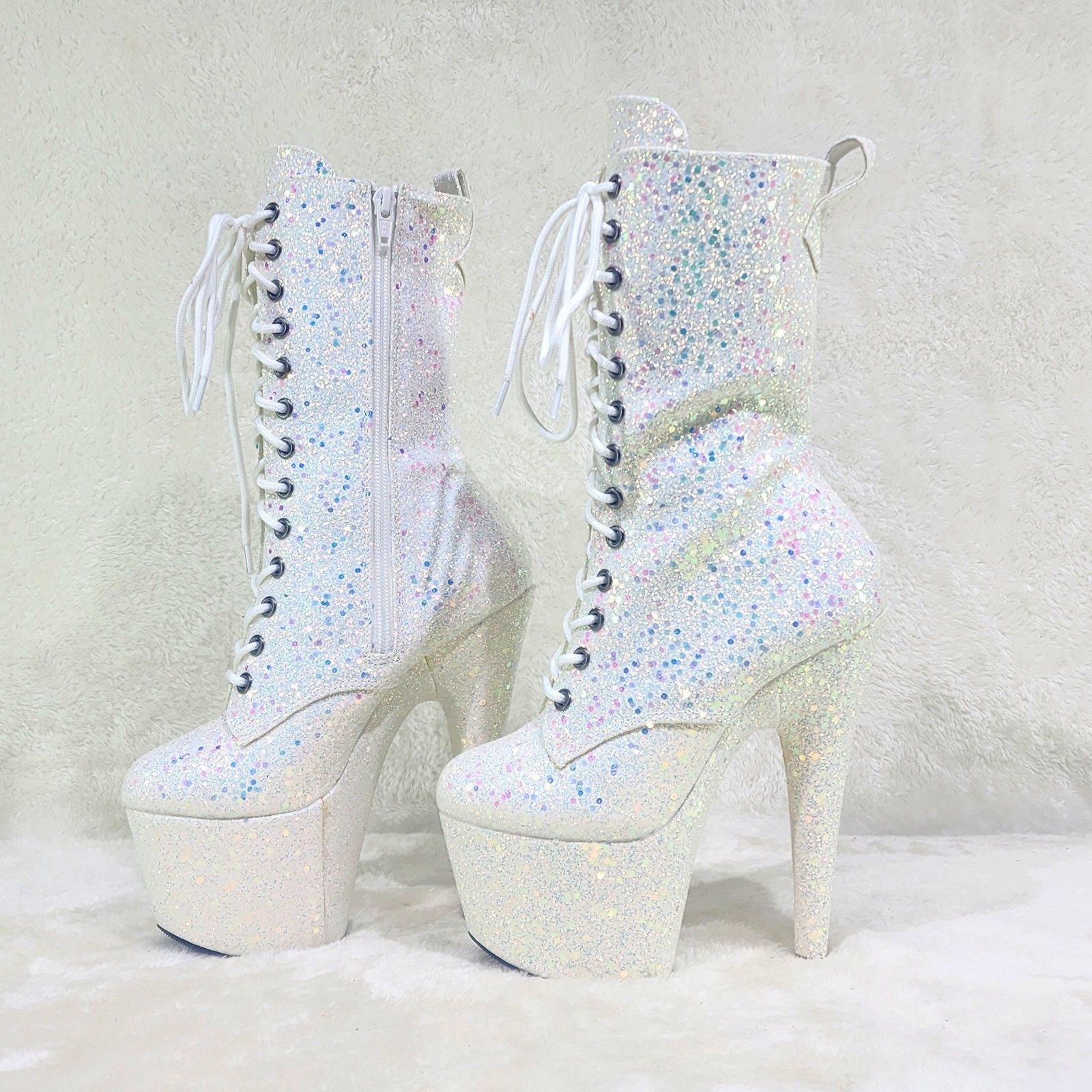 Other Opal White Hologram Sequin Glitter 7" Heel Platform Boots Size US 11 / IT 41 - 1 Thumbnail