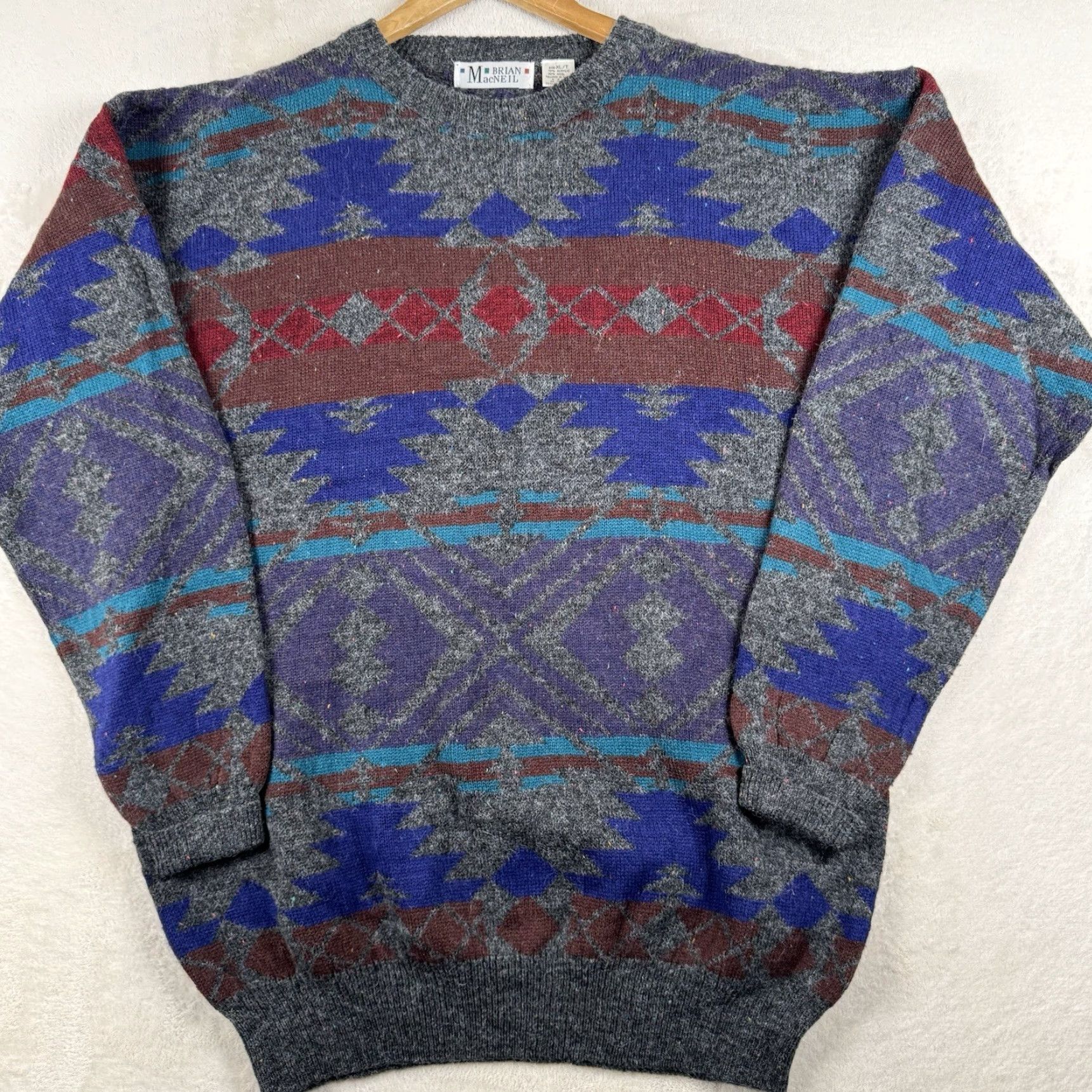 Vintage VINTAGE Brian MacNeil Wool Blend Mens Sweater XL T Navy Blue Geometric Crew Neck Pullover 90s Wool Blend Geometric Mens XLT Navy Size US XL / EU 56 / 4 - 2 Thumbnail