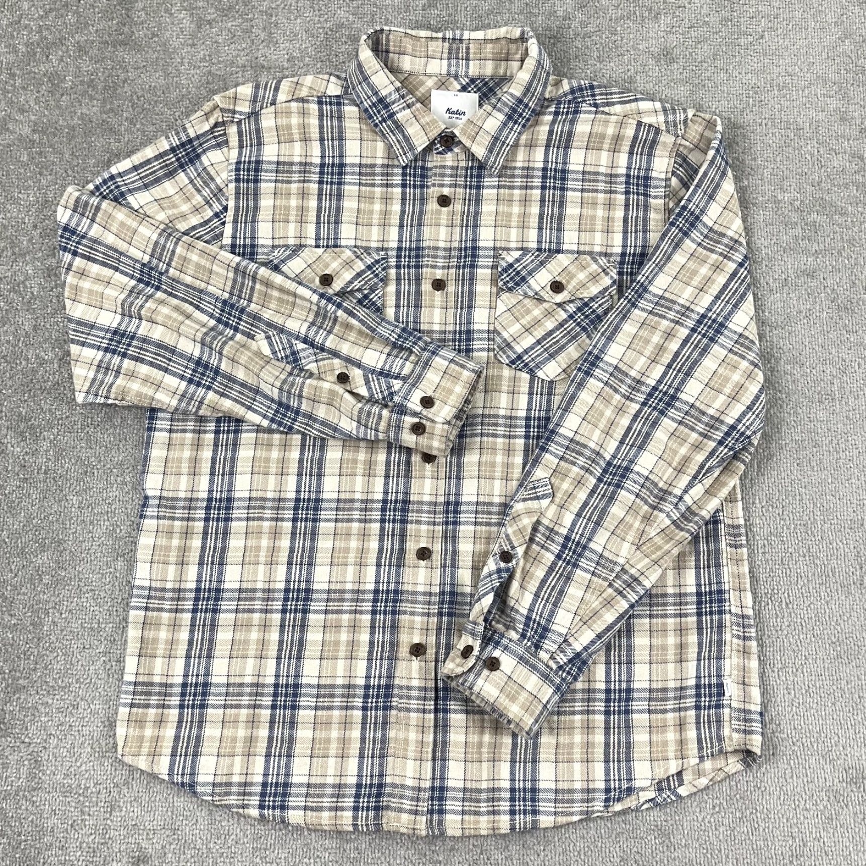 Katin Katin Flannel Shirt Mens Large Brown Blue Plaid Button-Up Long Sleeve Regular Fit Size US L / EU 52-54 / 3 - 3 Thumbnail