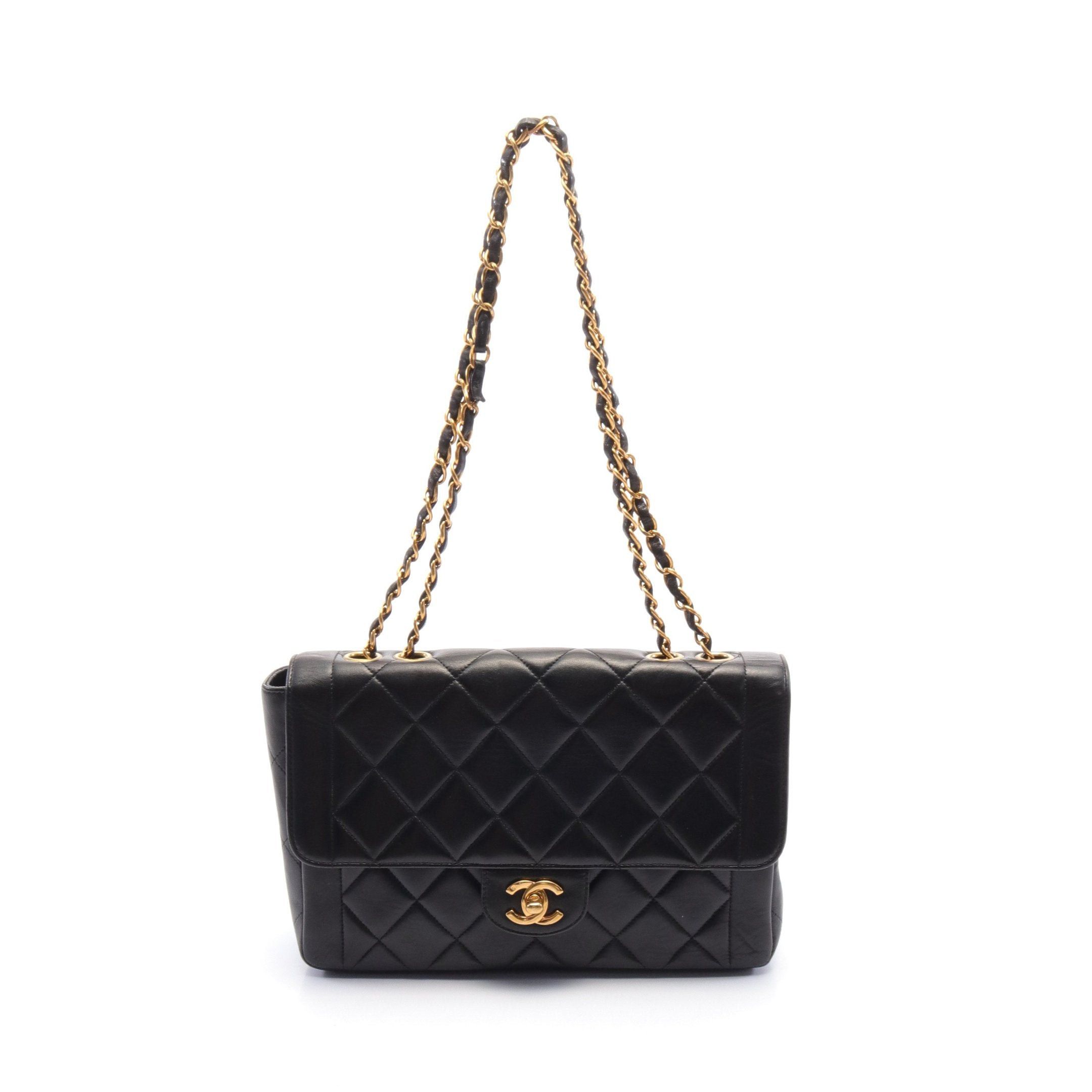 image of Chanel Matelasse Chain Shoulder Bag Lambskin Black Gold Hardware Turn Lock, Women's