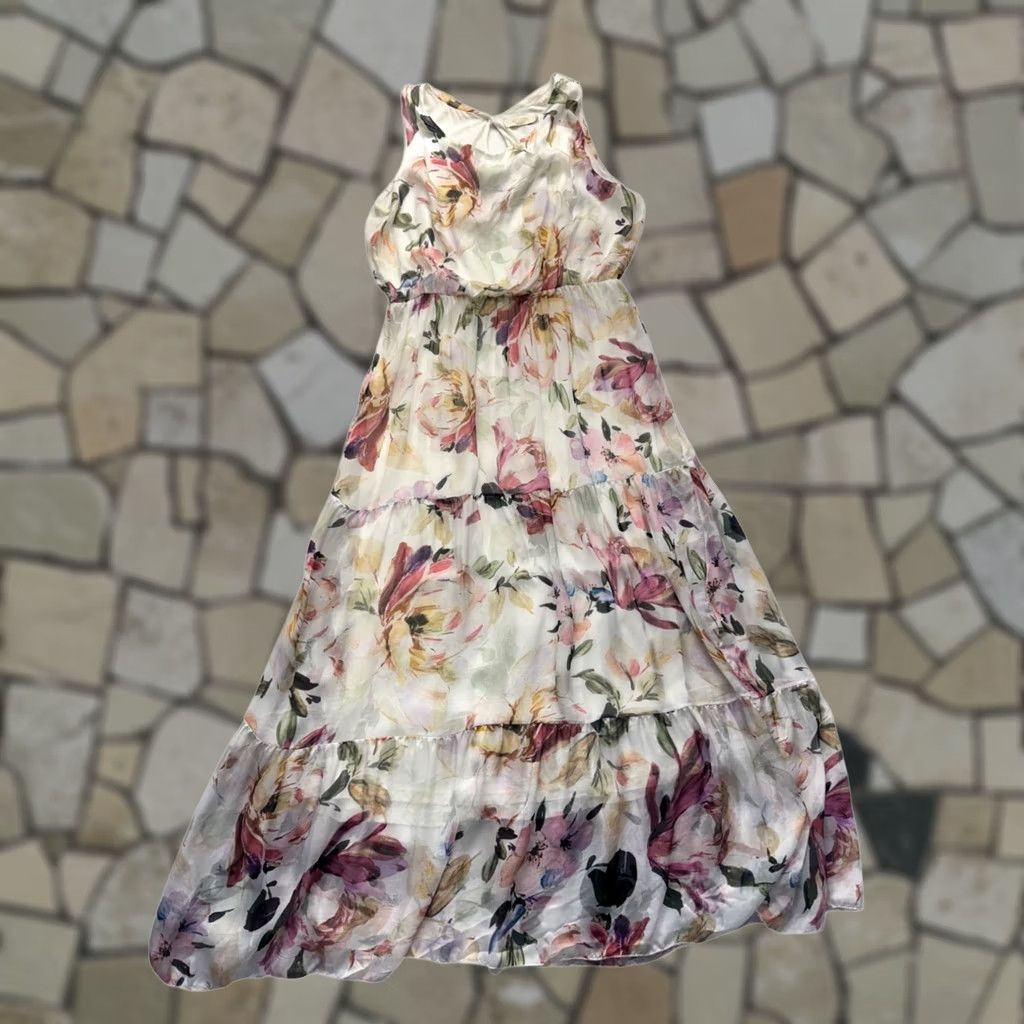 Vintage Lara Guidotti Floral Maxi Dress - Tiered Ruffle Silk & Viscose Size L / US 10 / IT 46 - 1 Thumbnail