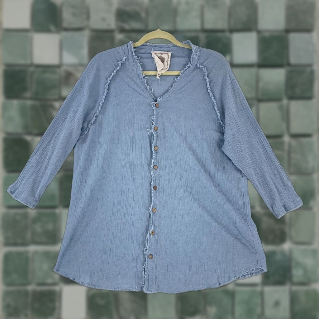 Vintage Z & L Button-Up Shirt Womens Medium Blue 3/4 Sleeve 100% Cotton V-Neck Casual Size M / US 6-8 / IT 42-44 - 1 Thumbnail