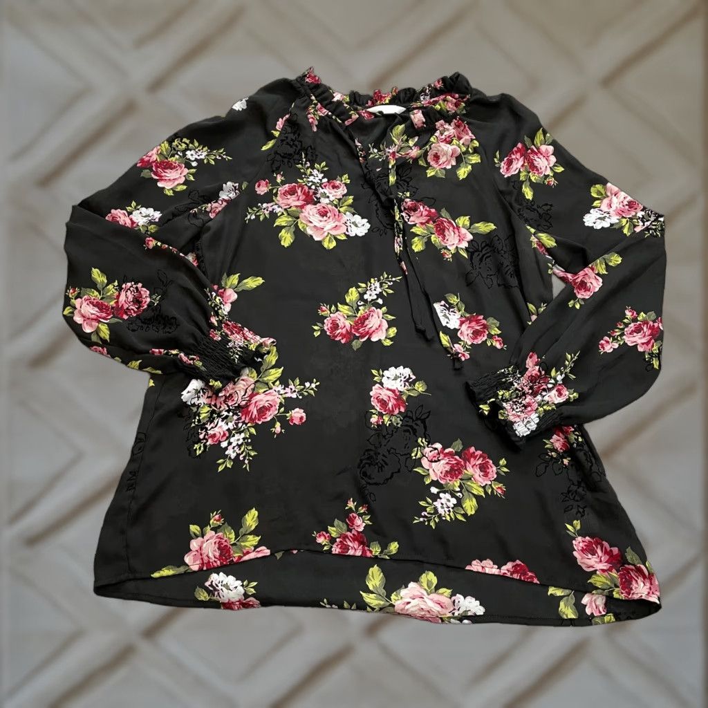 Vintage Time & True Blouse Shirt Womens Medium 8-10 Black Floral Long Sleeve Stretch Top Size M / US 6-8 / IT 42-44 - 1 Thumbnail