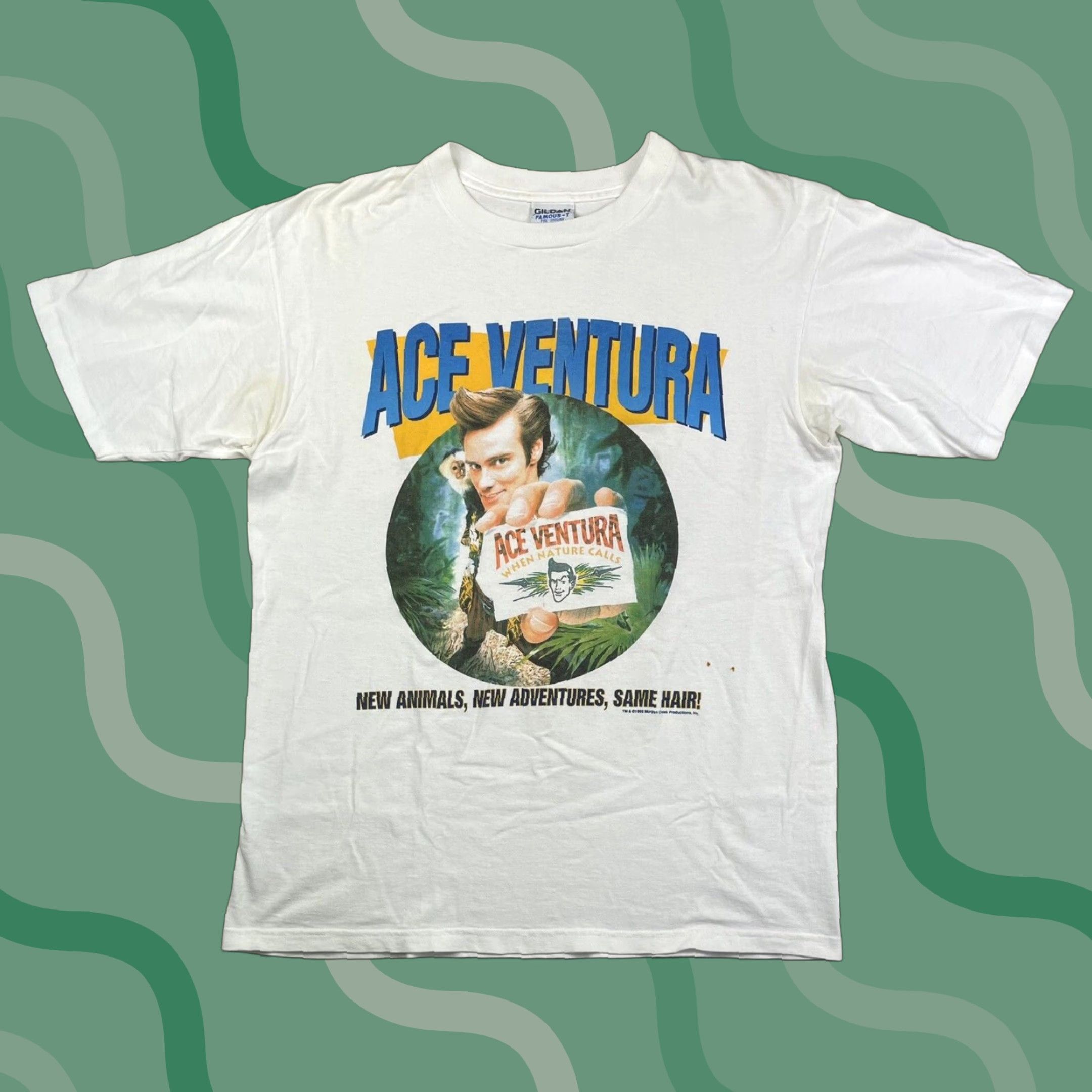Gildan VINTAGE Ace Ventura Jim Carrey T-Shirt – Movie Logo Graphic, Cotton, White, 1995, Size L, Men, Short Sleeve, Crew Neck, Gildan, 90s Era Size US L / EU 52-54 / 3 - 1 Thumbnail