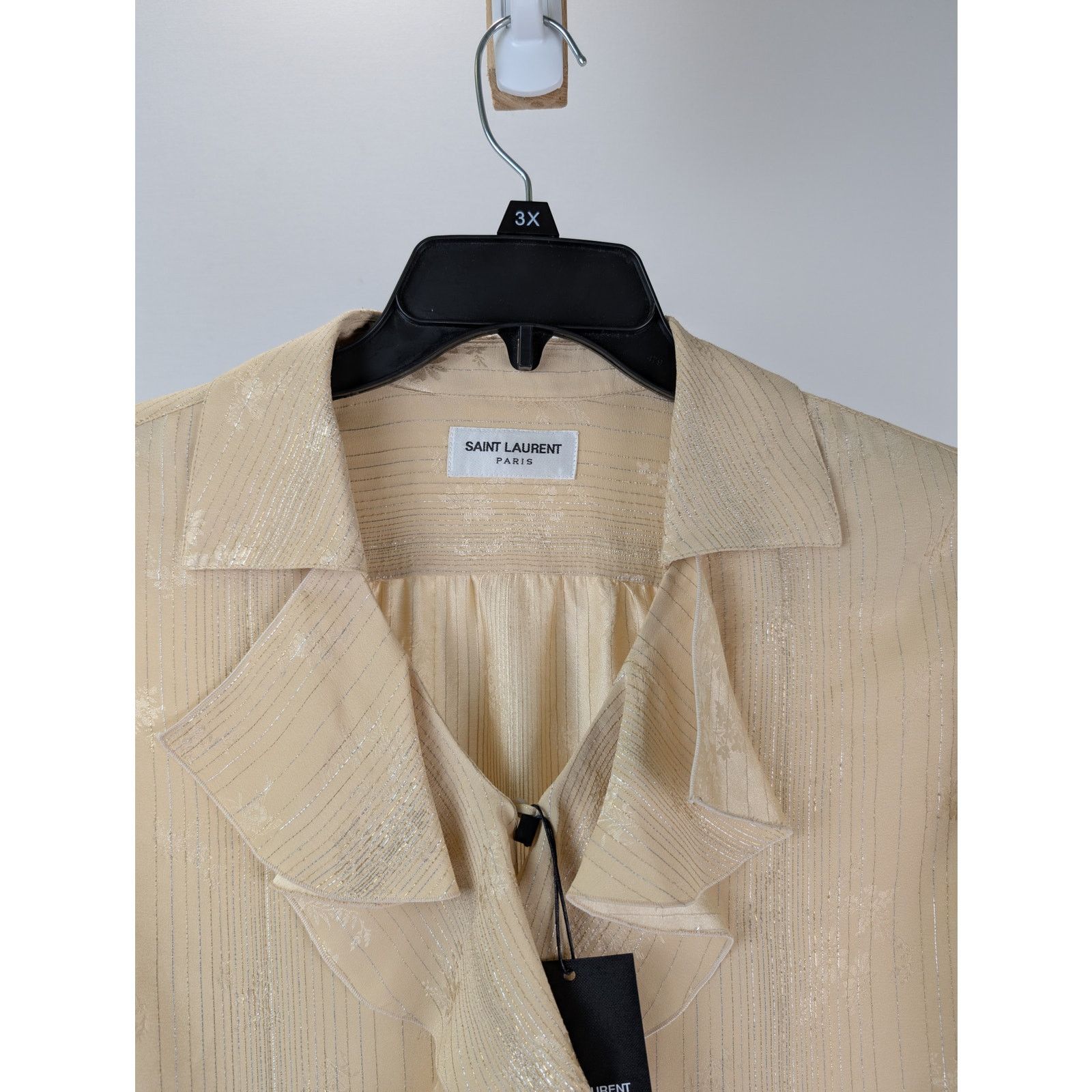 Saint Laurent Paris o1rshd1 Chemise Tight Fitted Ruffled Silk Shirt in Beige Size US S / EU 44-46 / 1 - 7 Thumbnail