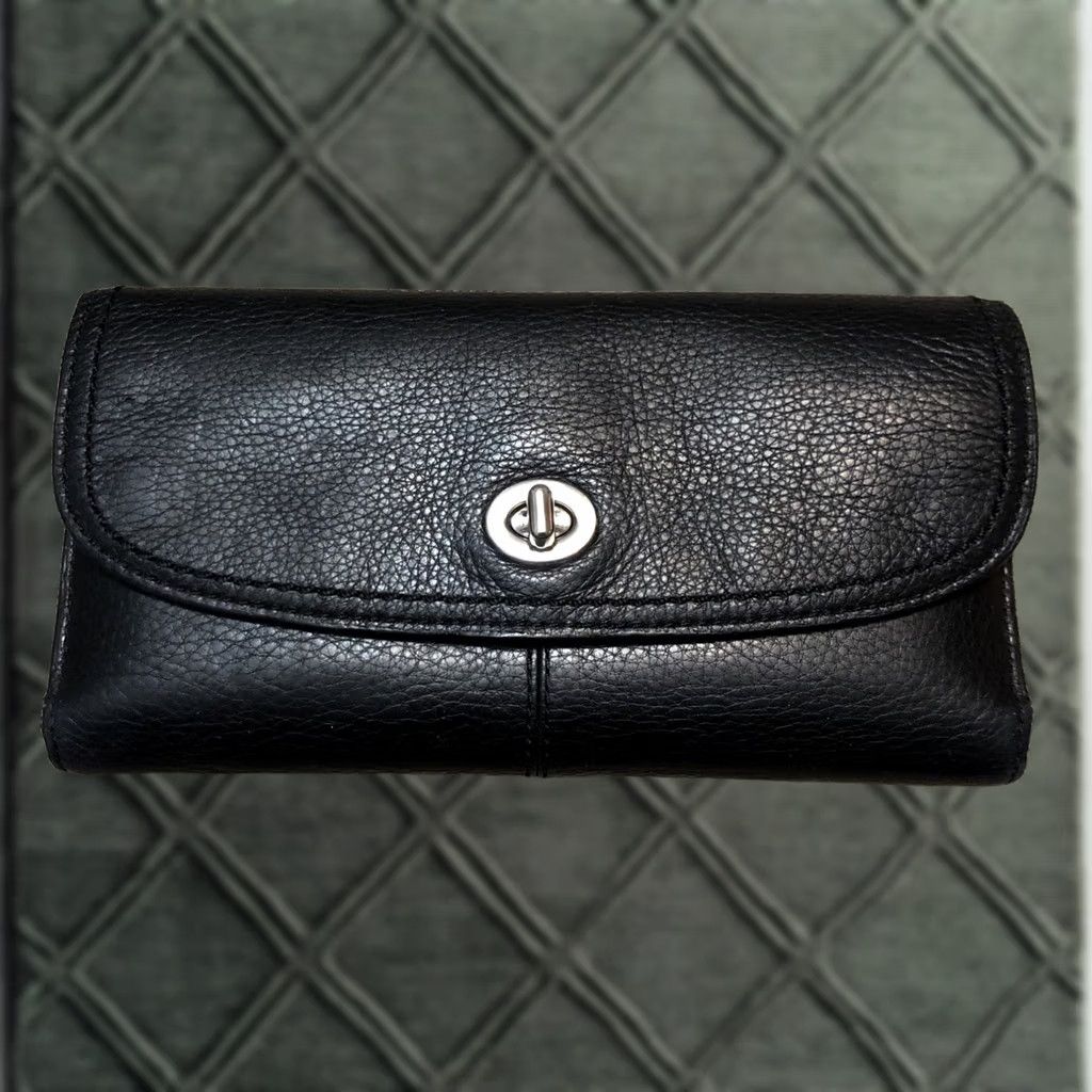 Coach VINTAGE Coach Leather Tri Fold Wallet Envelope Wallet Women Black Zipper Turn Lock Card Coin Pocket Size ONE SIZE - 1 Thumbnail