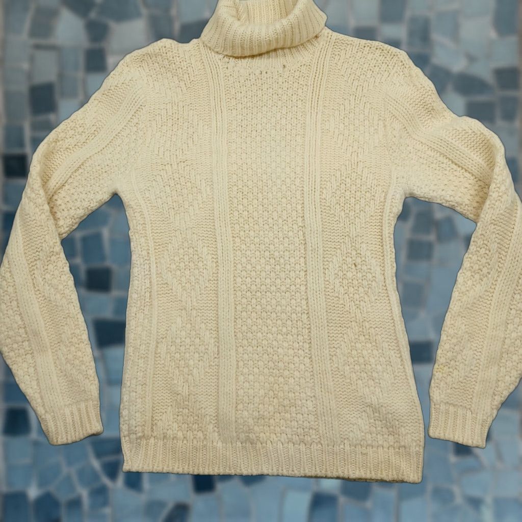 VINTAGE Kilkenny Sweater Womens Large Beige Fisherman Knit Turtleneck 70s