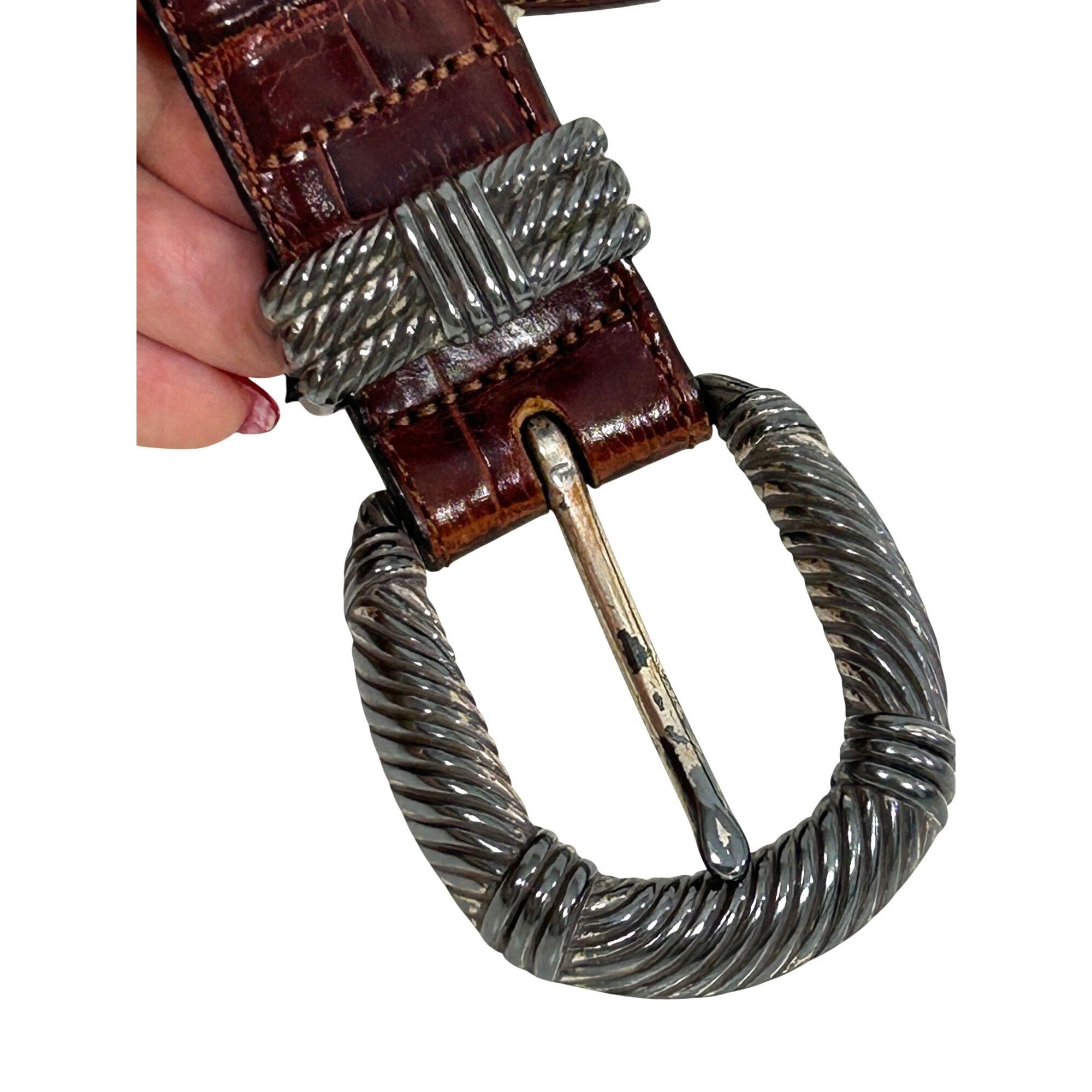 Brighton Brighton Vtg Belt S Brown Crocodile Silver Tone Twisted Rope Size ONE SIZE - 1 Thumbnail
