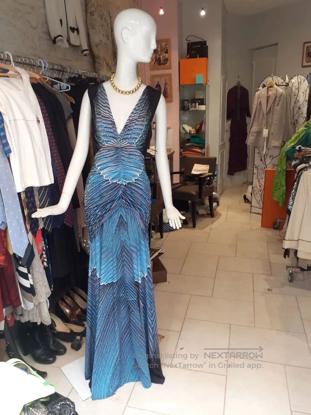 Saint Laurent Paris Roberto Cavalli Blue Patterned Ruched Dress. Size M / US 6-8 / IT 42-44 - 4 Thumbnail