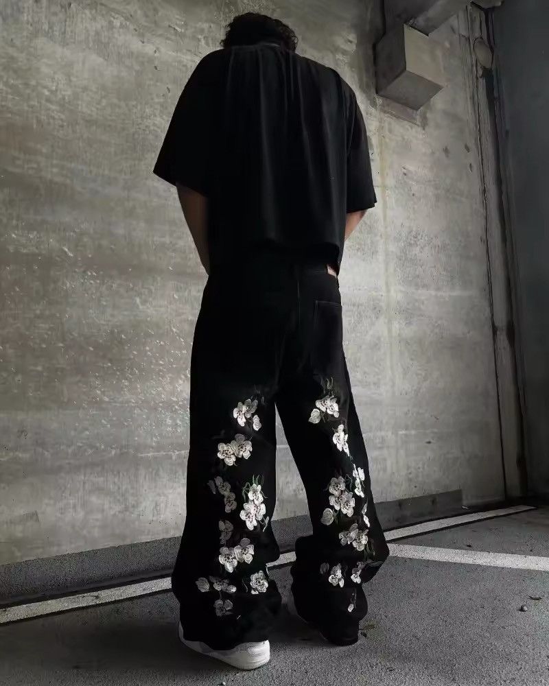 Japanese Brand × Jean embroidery cherry flower wide leg Jeans Size US 33 - 1 Thumbnail