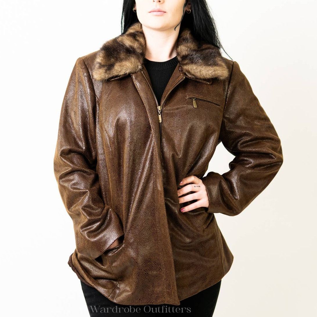 Designer Peter Nygard Brown Faux Alligator Print Fur Collared Jacket Size L / US 10 / IT 46 - 1 Thumbnail
