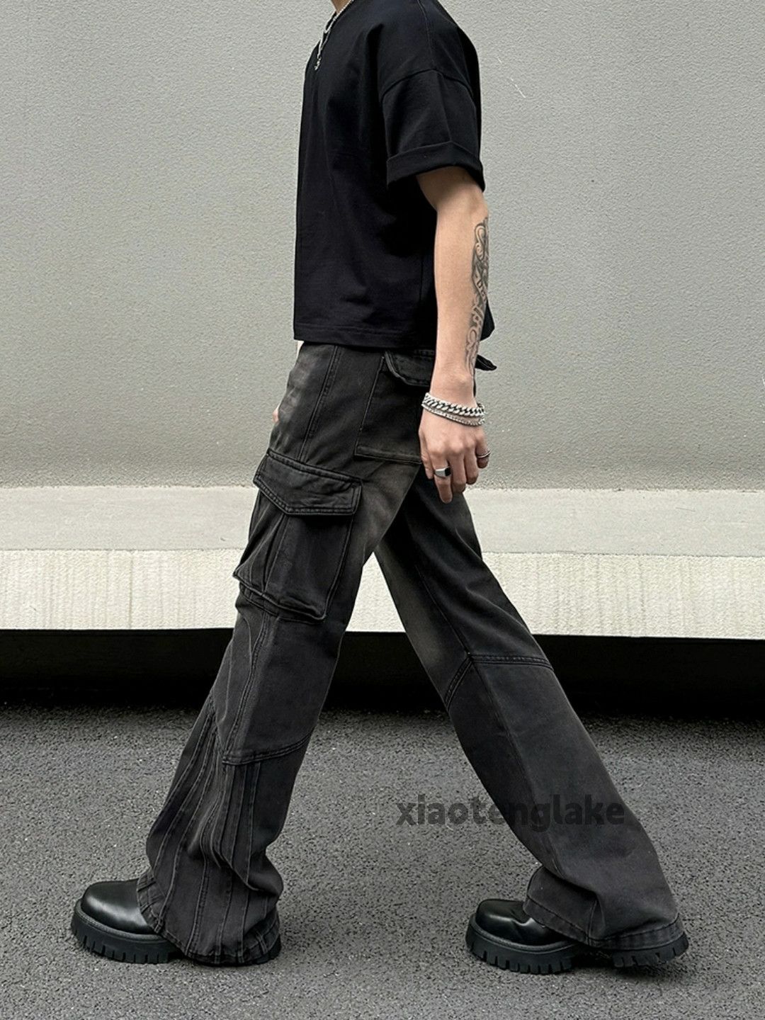 washed faded patchwork punk bootcut cargo jeans
