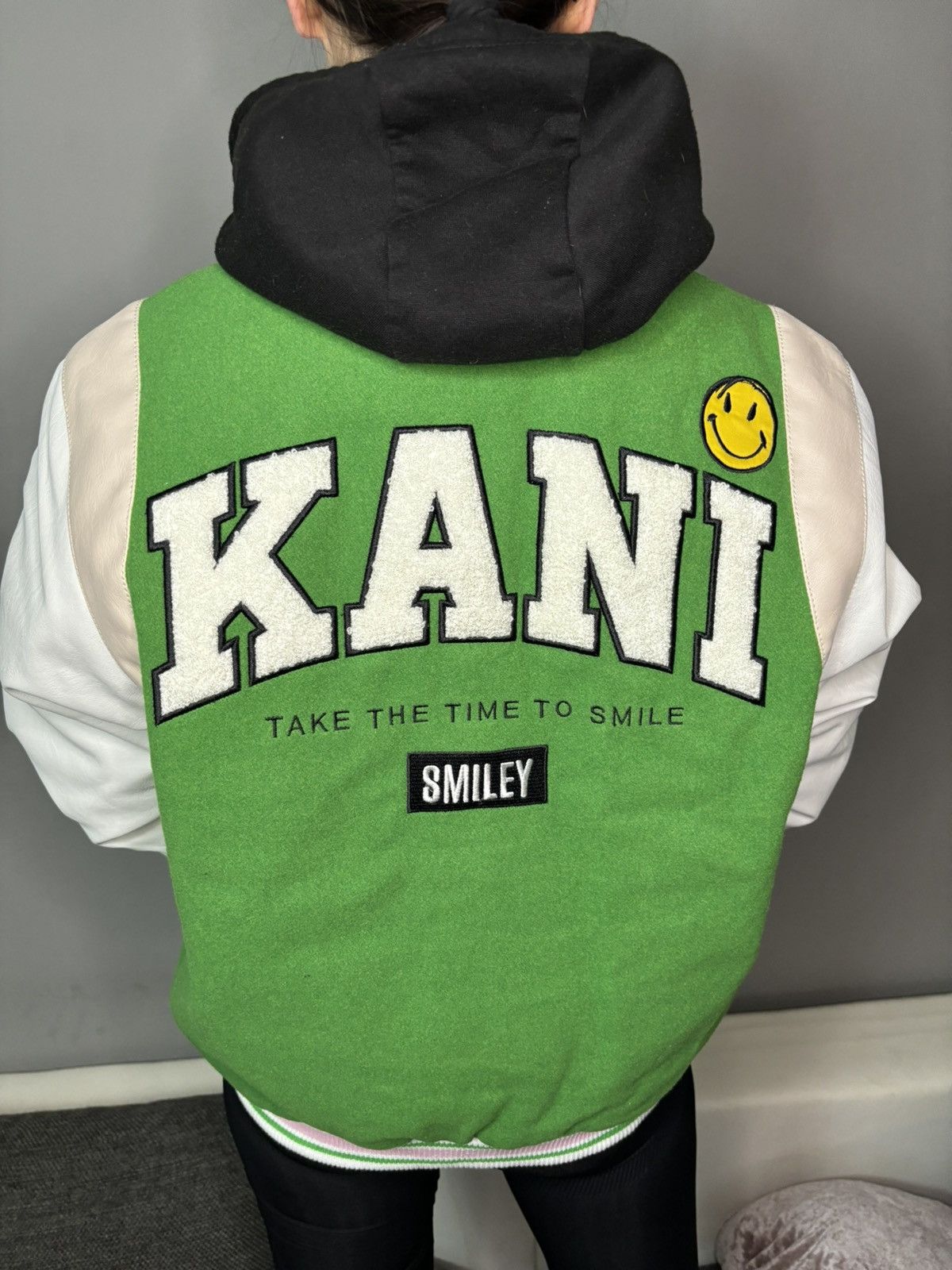 image of Karl Kani Smiley College Bomber in Green, Women's (Size XS)