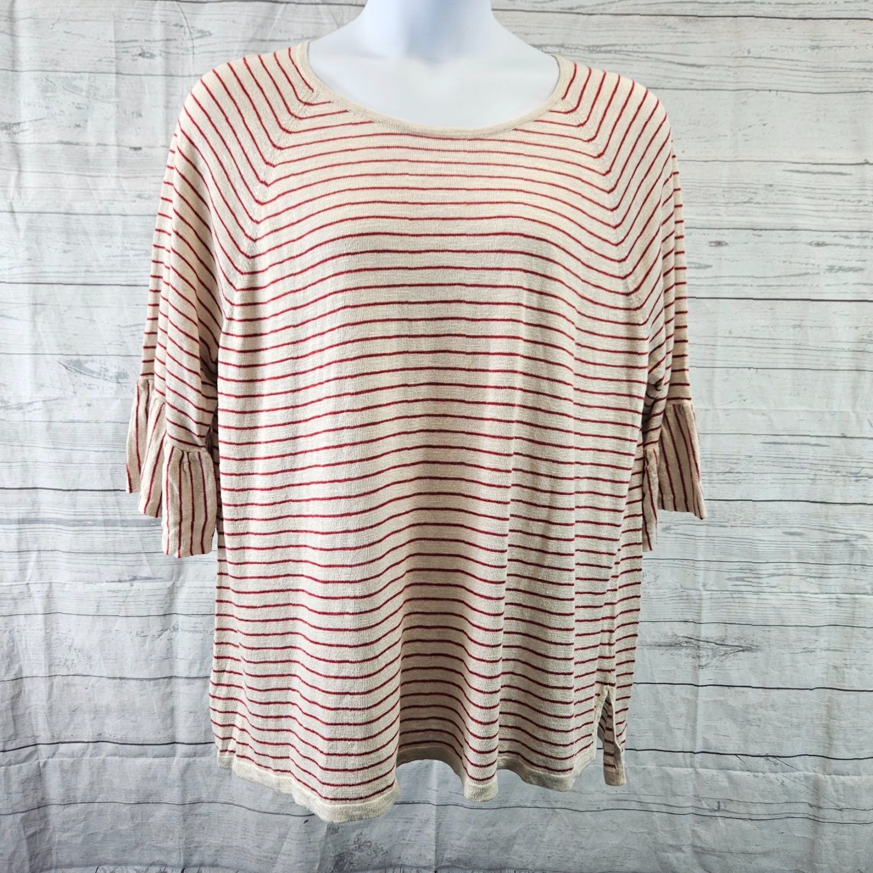 J. Jill J Jill Womens Knit Top 3X Red Beige Stripe 3/4 Sleeve Linen Rayon Blend Blouse Womens Size XXL / US 16-18 / IT 52-54 - 2 Thumbnail