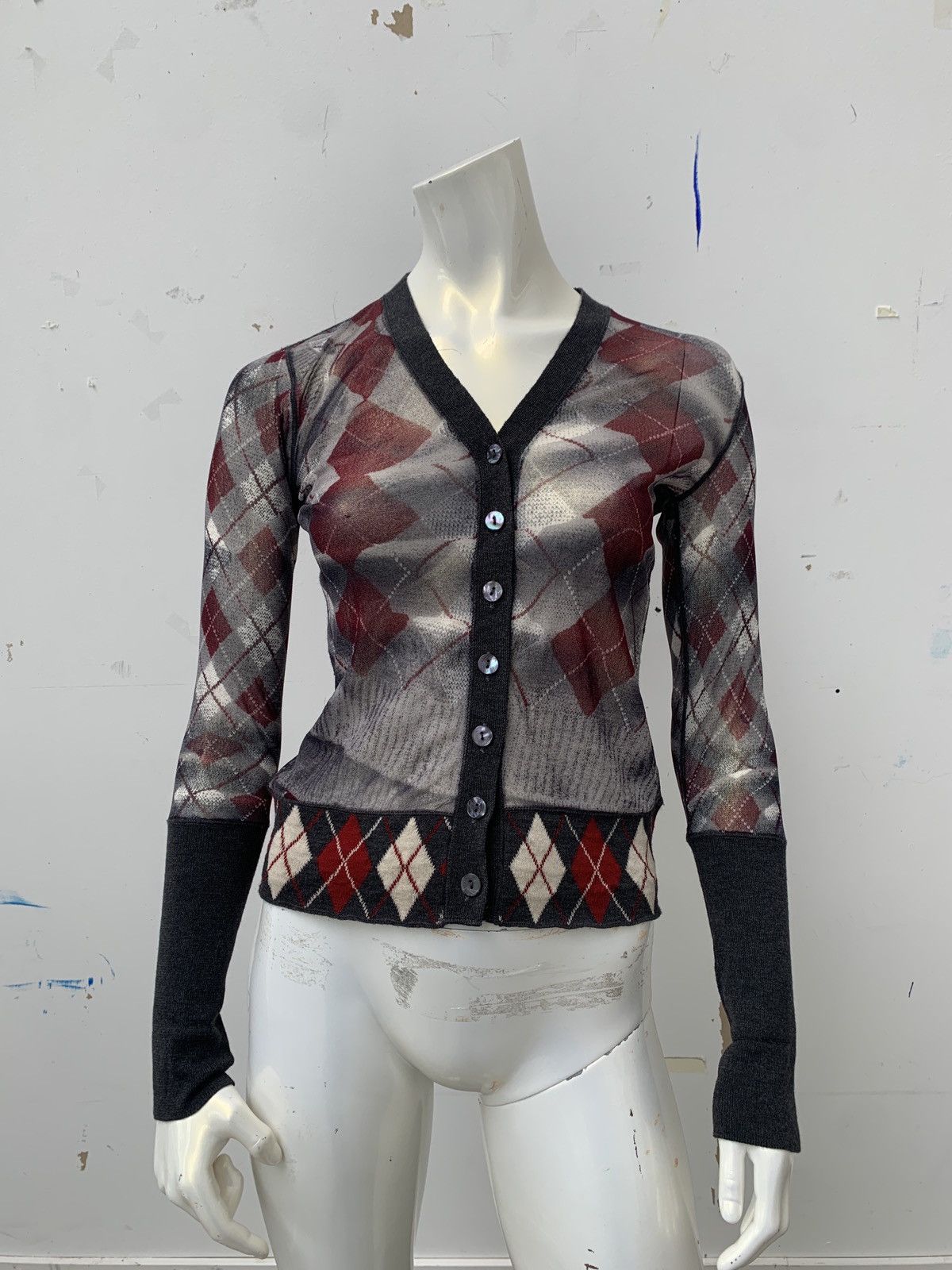 image of Jean Paul Gaultier Trompe L’Oeil Argyle Mesh Top in Black/Red/Grey, Women's (Size Medium)