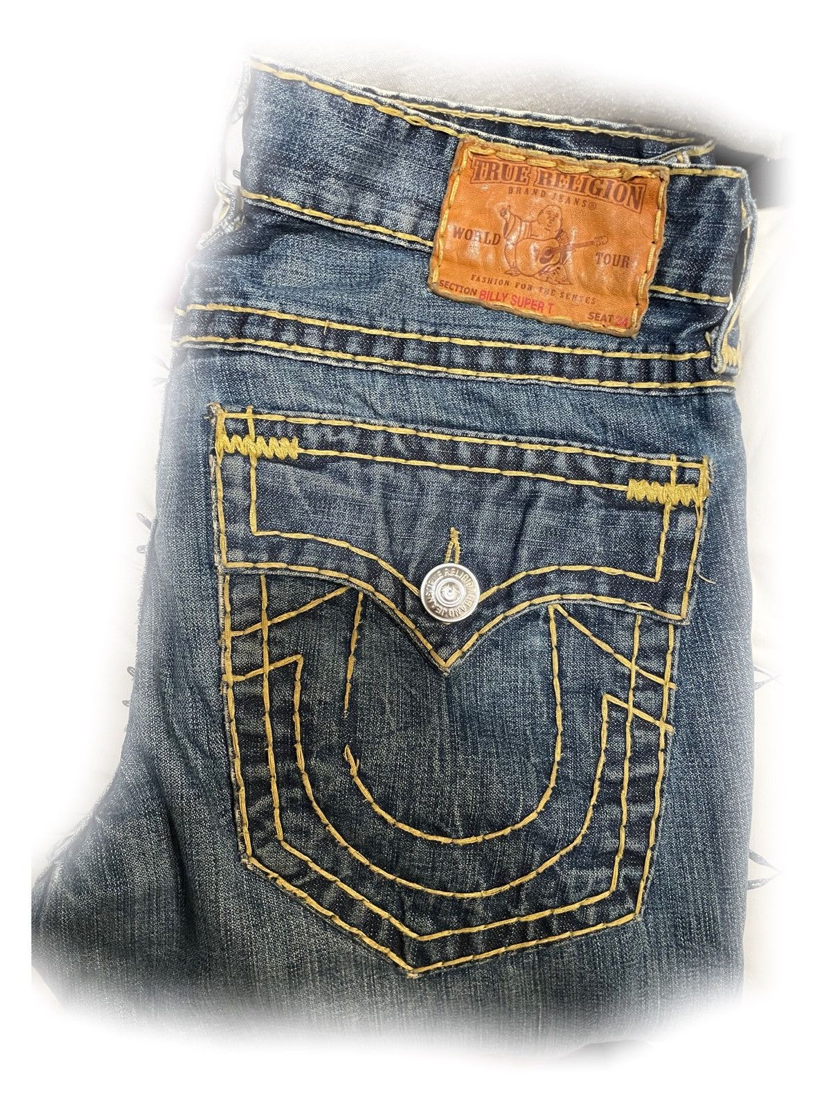 y2k true religion billy super t yellow stitch baggy flare