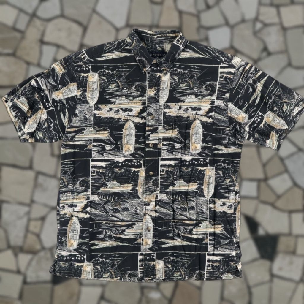 Vintage Sportif Deep Sea Fishing Camp Cotton All Over Print Button Up Shirt Black Men’s L Shirt Size US L / EU 52-54 / 3 - 1 Thumbnail