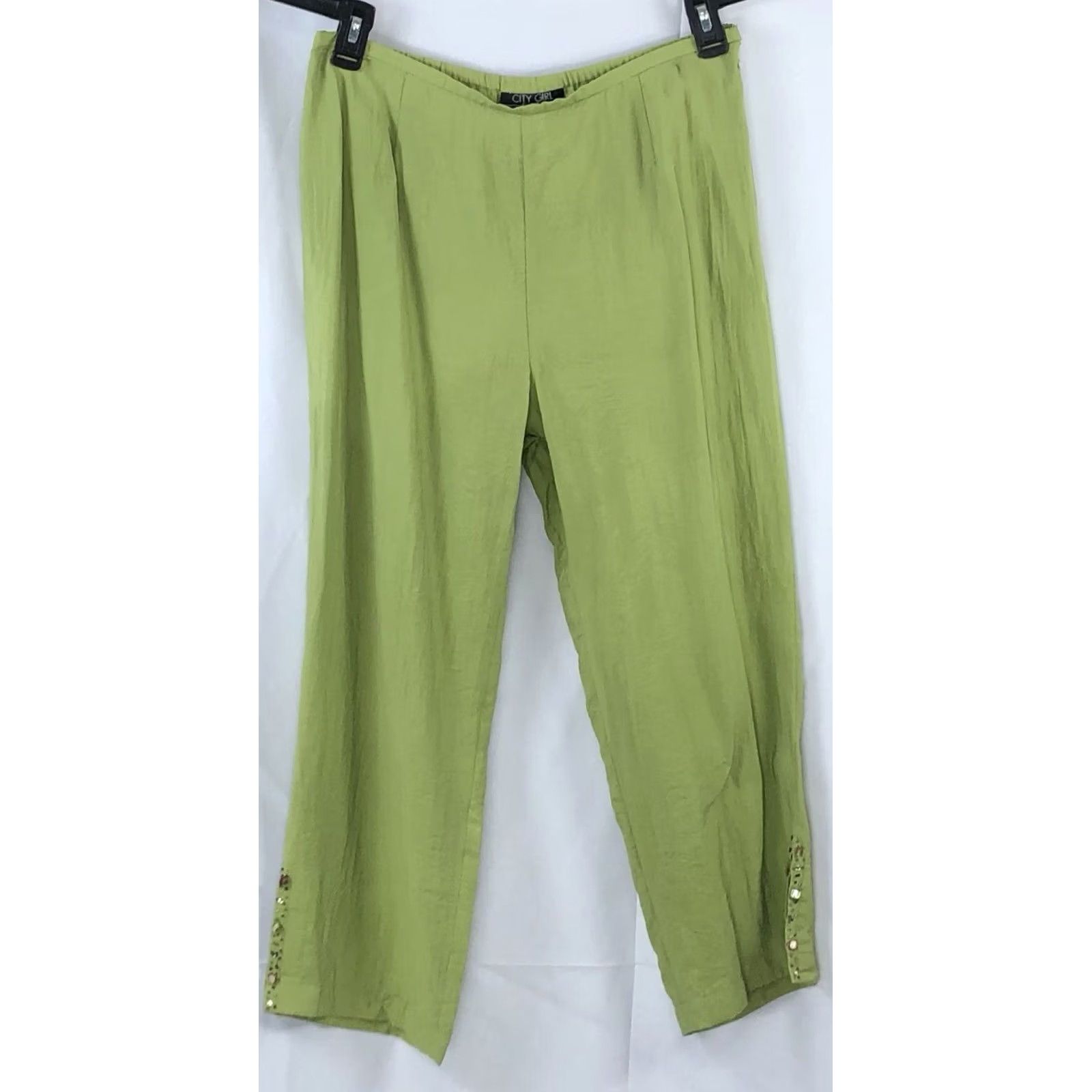 Vintage Vtg Nancy bolen cropped pants 12 Green 32"W beaded high-rise Boho Beach capsule Size 24" / US 00 / IT 34 - 2 Thumbnail