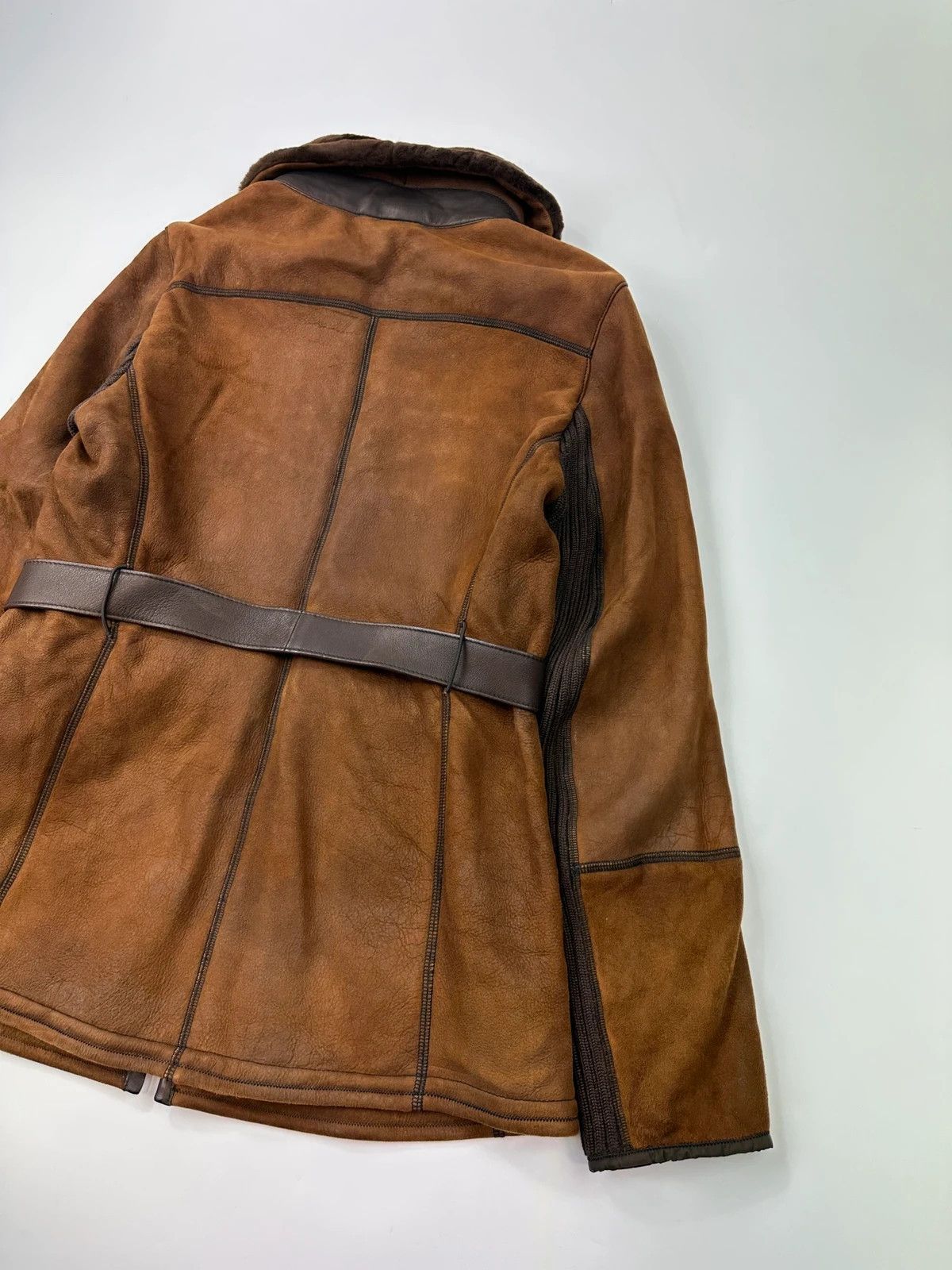 Prada Prada Sport FW01-05 Brown Leather & Wool Belted Coat Size L / US 10 / IT 46 - 8 Thumbnail